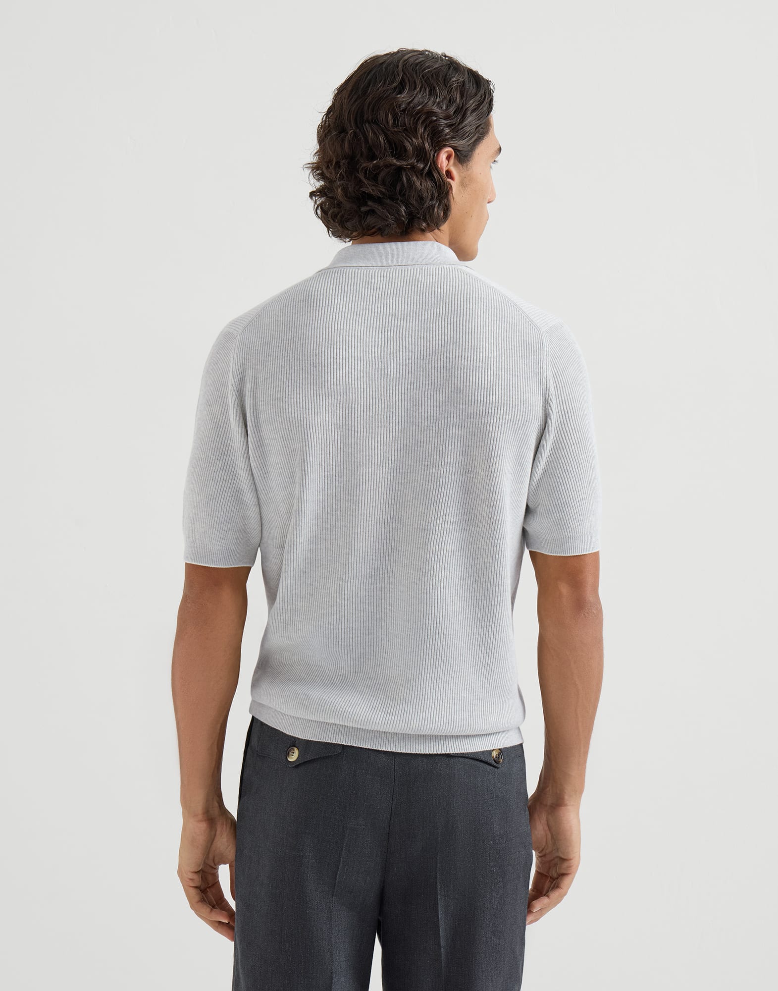 Cotton English rib knit polo for Man in Khaki | Brunello Cucinelli