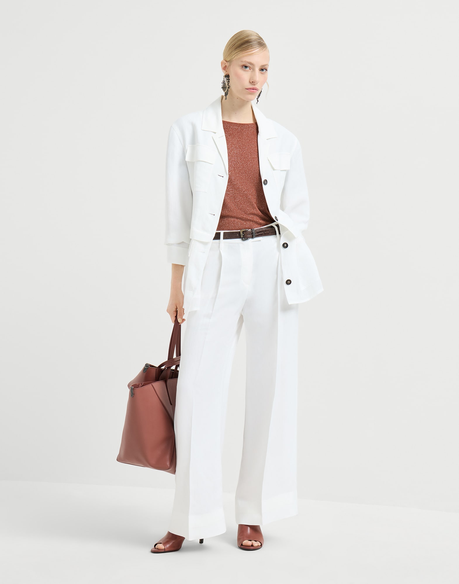 Loose Pleated trousers for Woman in White | Brunello Cucinelli