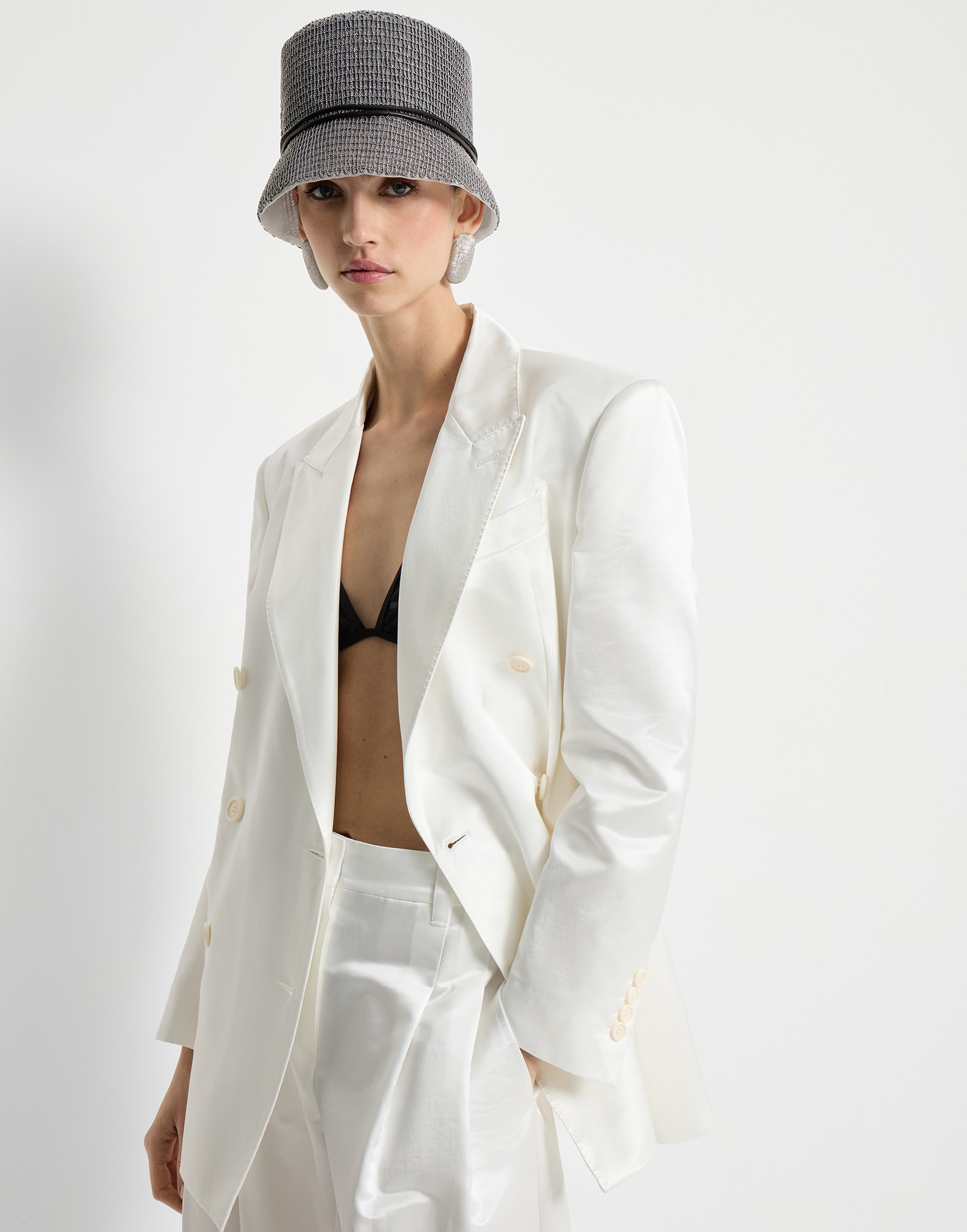 Satin blazer with monili for Woman in White | Brunello Cucinelli