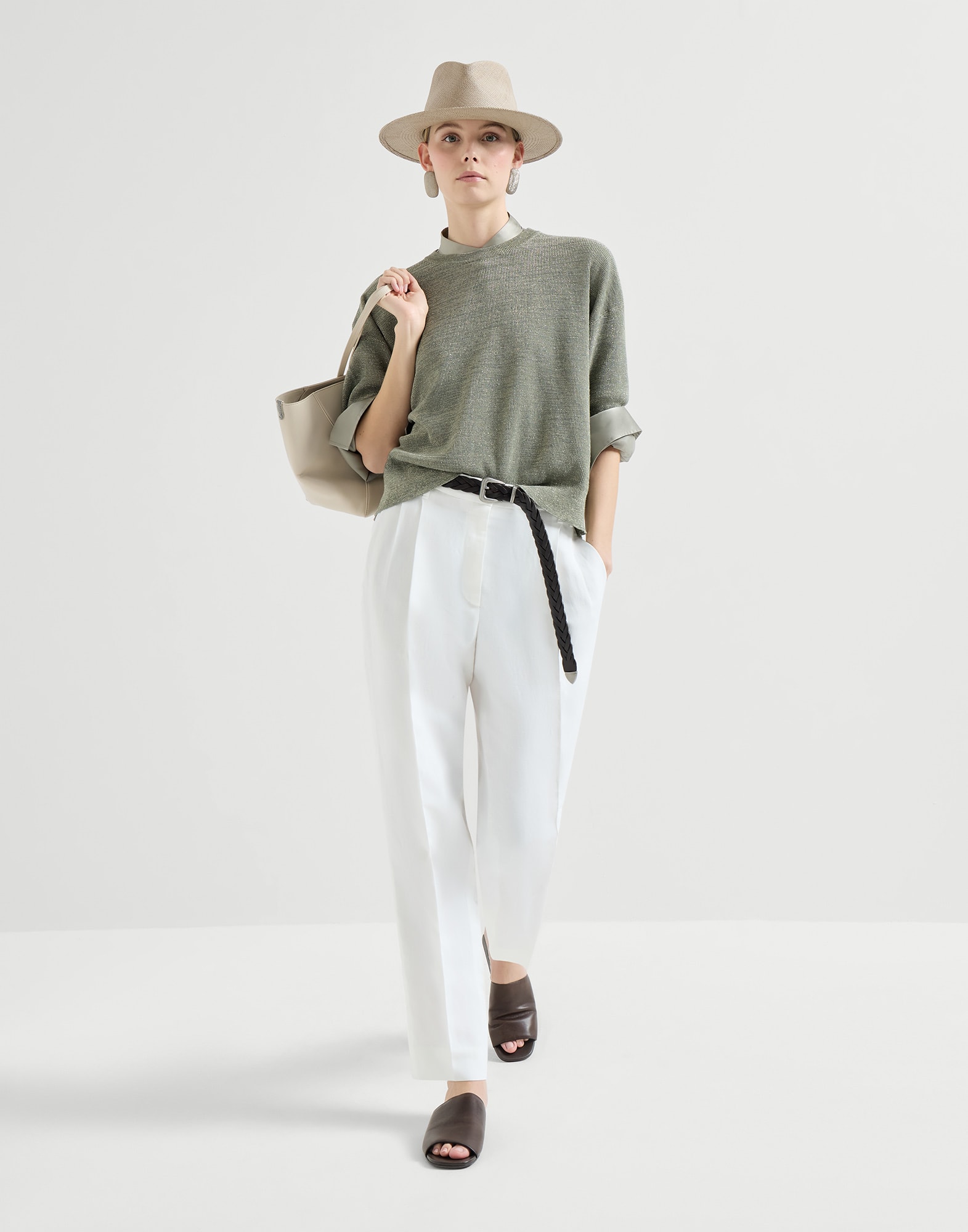 Sparkling linen sweater for Woman in Military | Brunello Cucinelli