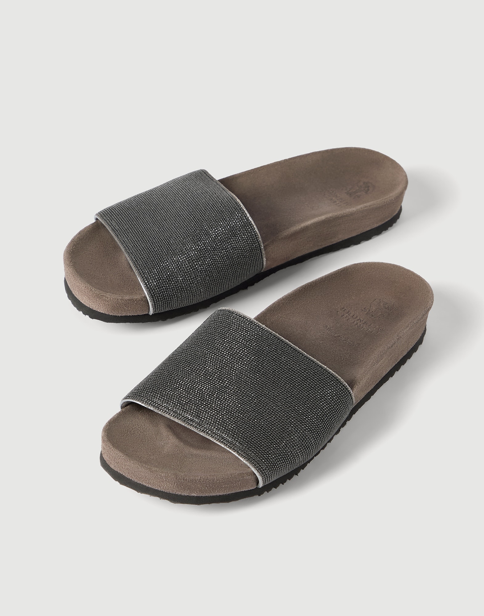 Precious slides in suede for Woman in Silver | Brunello Cucinelli