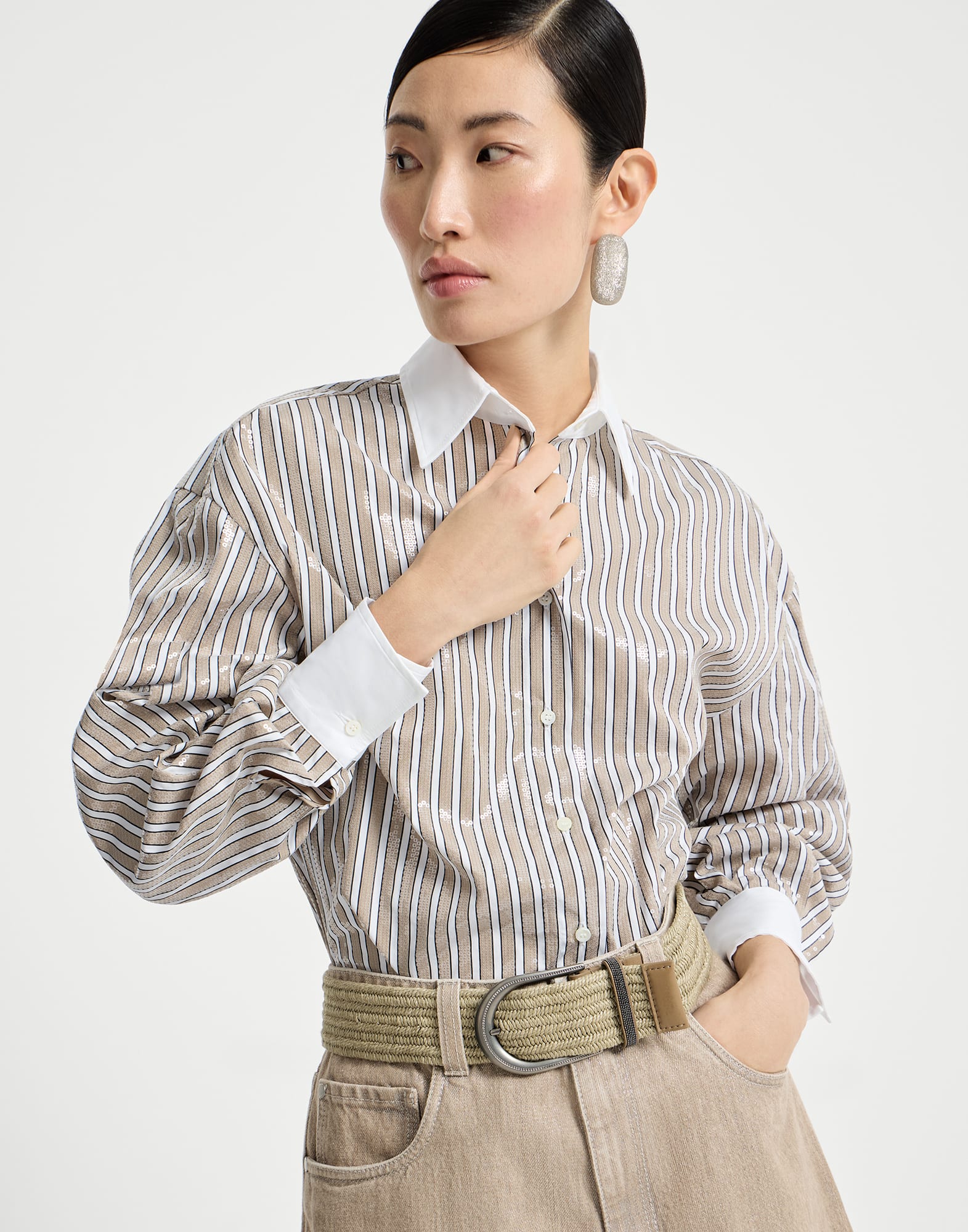 Dazzling stripes shirt for Woman in Beige | Brunello Cucinelli