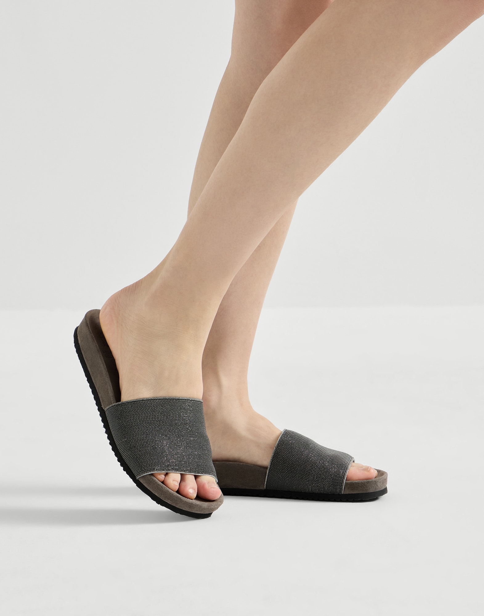 Precious slides in suede for Woman in Silver | Brunello Cucinelli