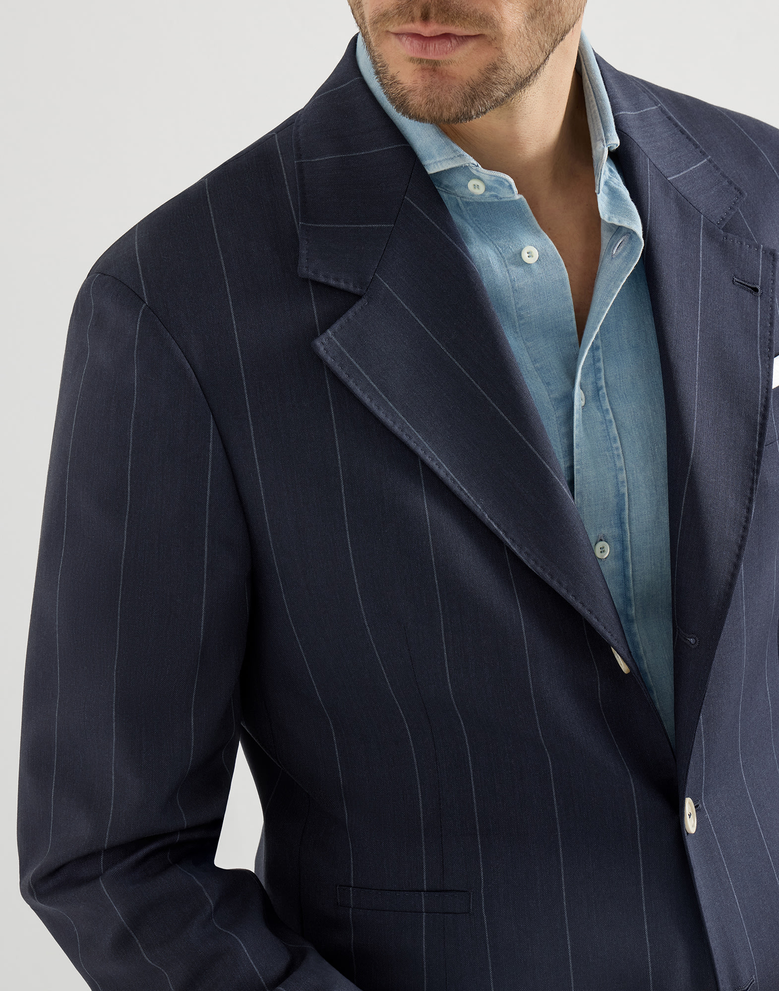Chalk stripe blazer for Man in Navy Blue | Brunello Cucinelli