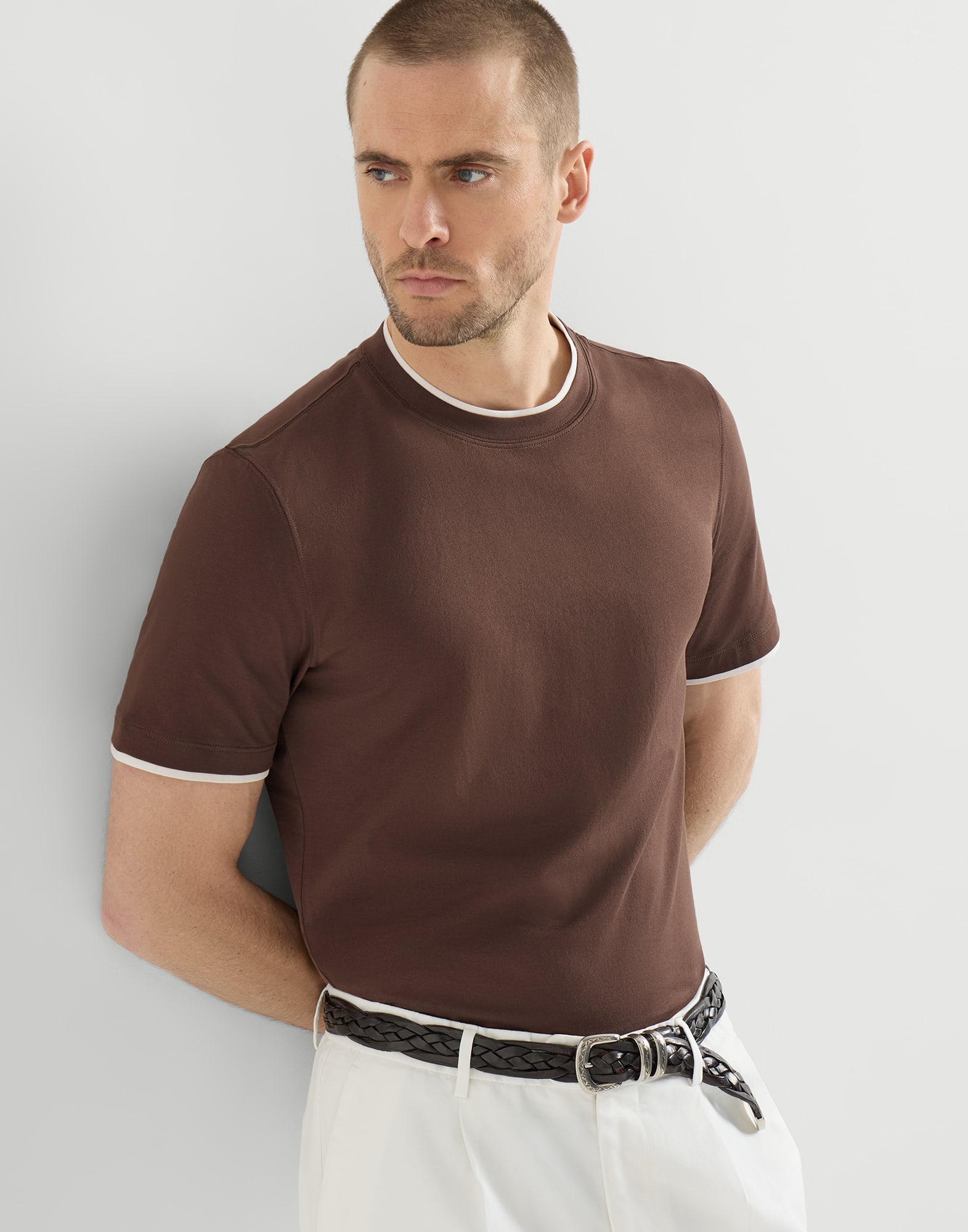 T-shirt with faux-layering for Man in Grey | Brunello Cucinelli