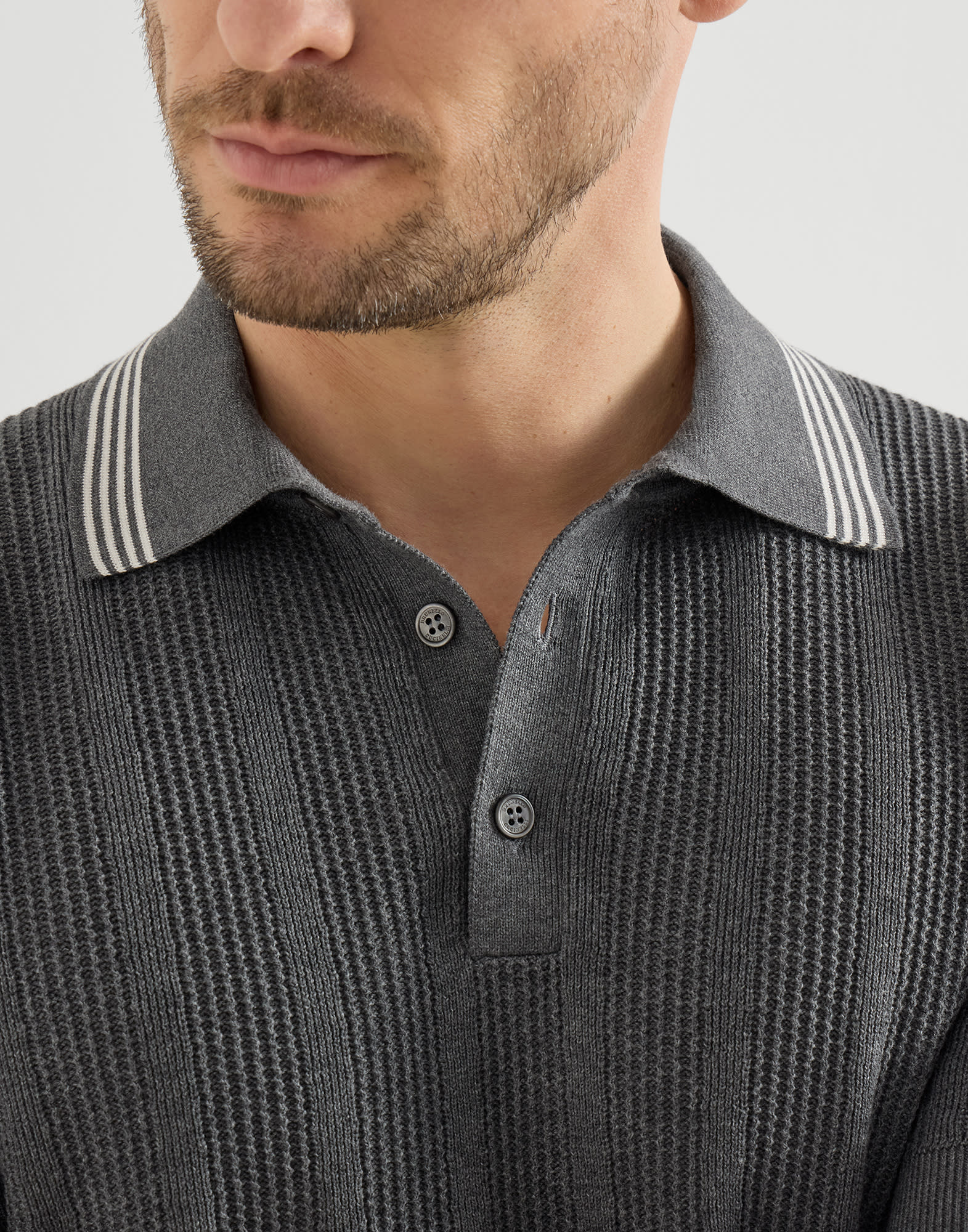 Cotton knit polo for Man in Khaki | Brunello Cucinelli