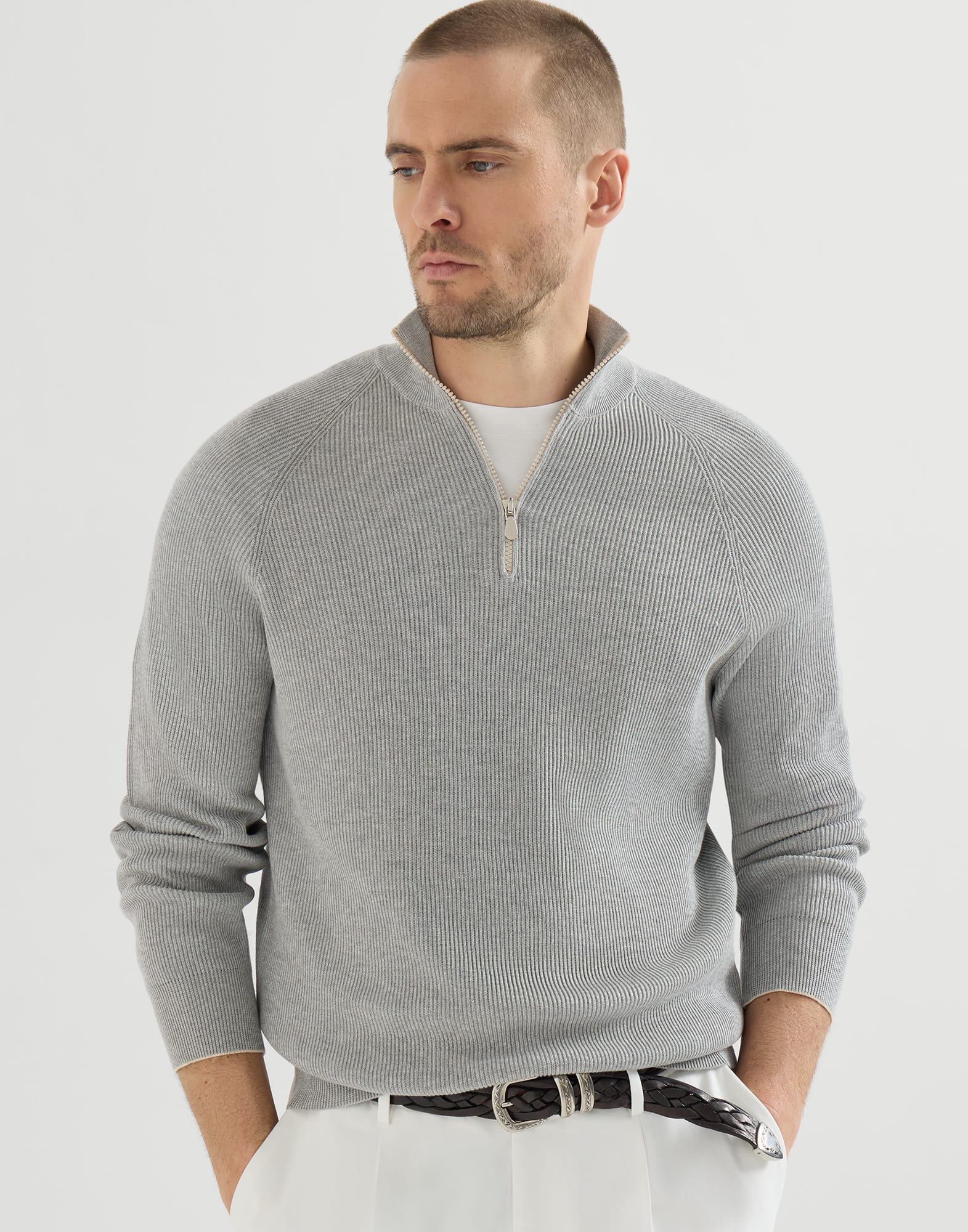 English Rib knit sweater for Man in Light Grey | Brunello Cucinelli