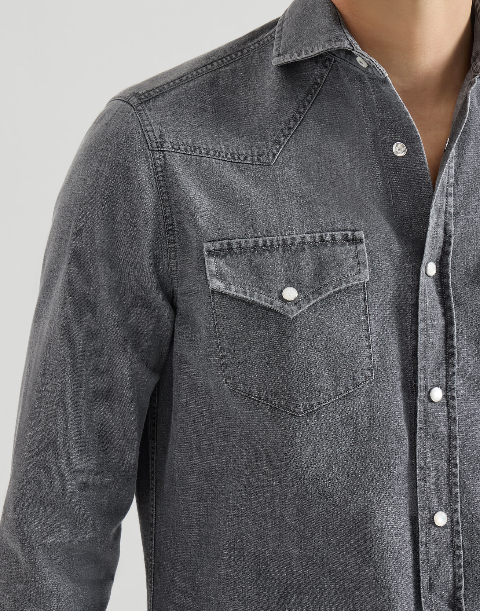 Lightweight denim shirt for Man in Dark Grey | Brunello Cucinelli