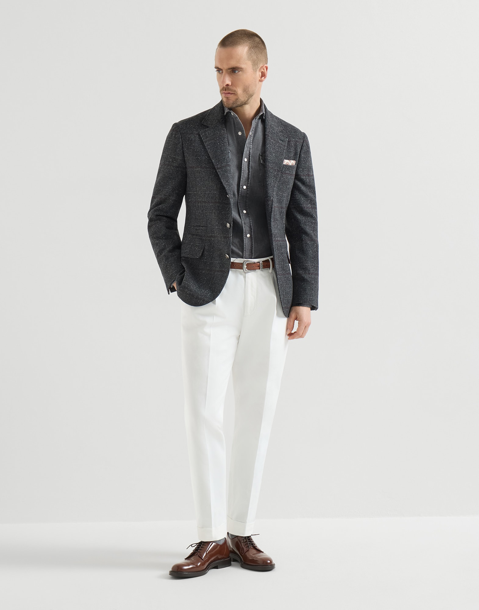 Lightweight denim shirt for Man in Dark Grey | Brunello Cucinelli