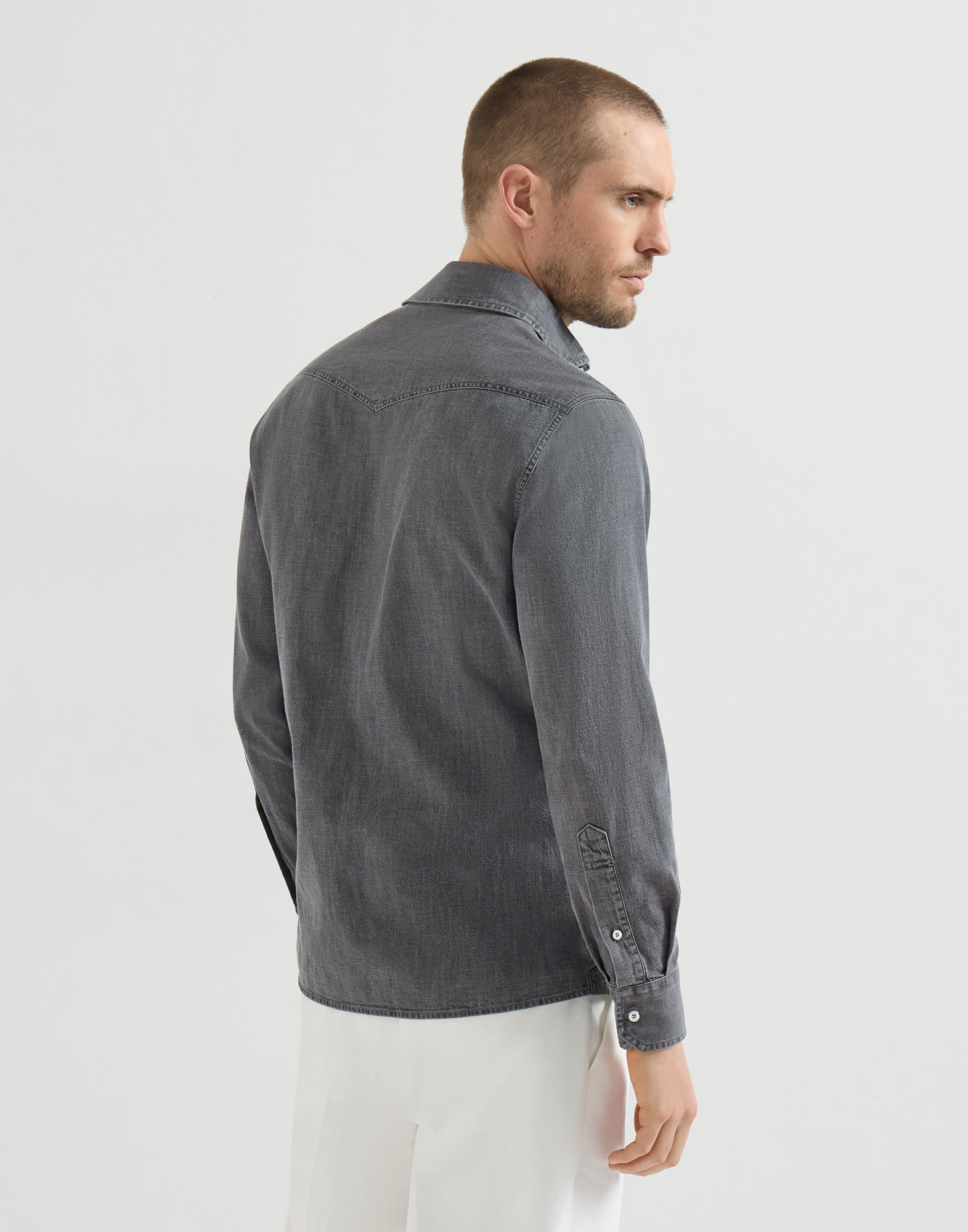 Lightweight denim shirt for Man in Dark Grey | Brunello Cucinelli