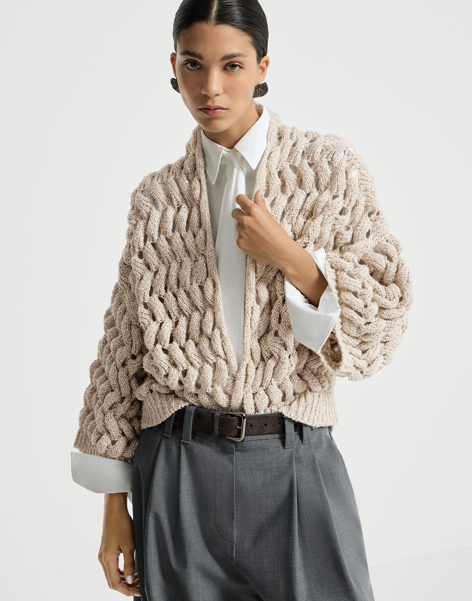 Dazzling waves cardigan for Woman in Sand | Brunello Cucinelli