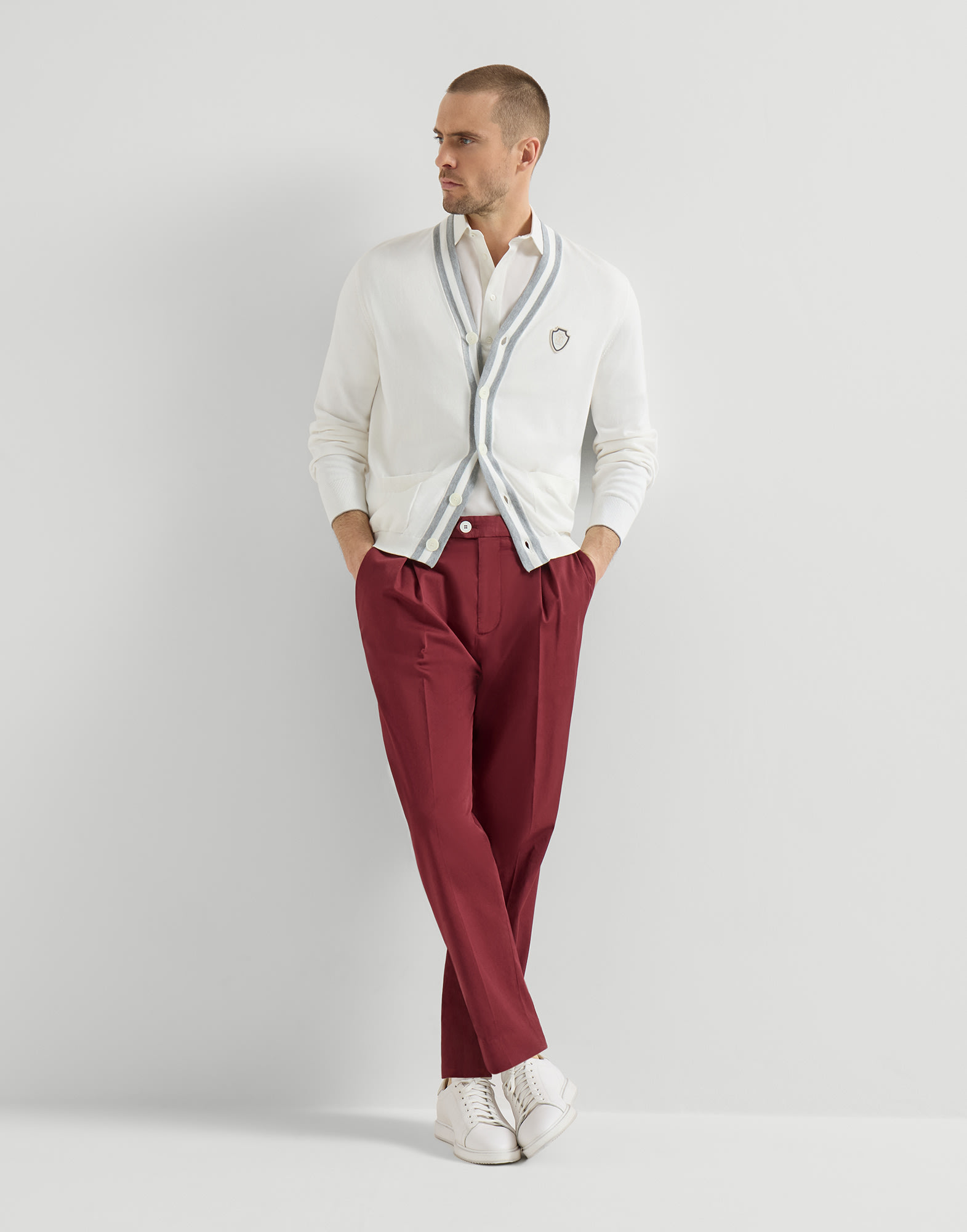 メンズ 向け グレー ロゴ付き コットン カーディガン | Brunello Cucinelli
