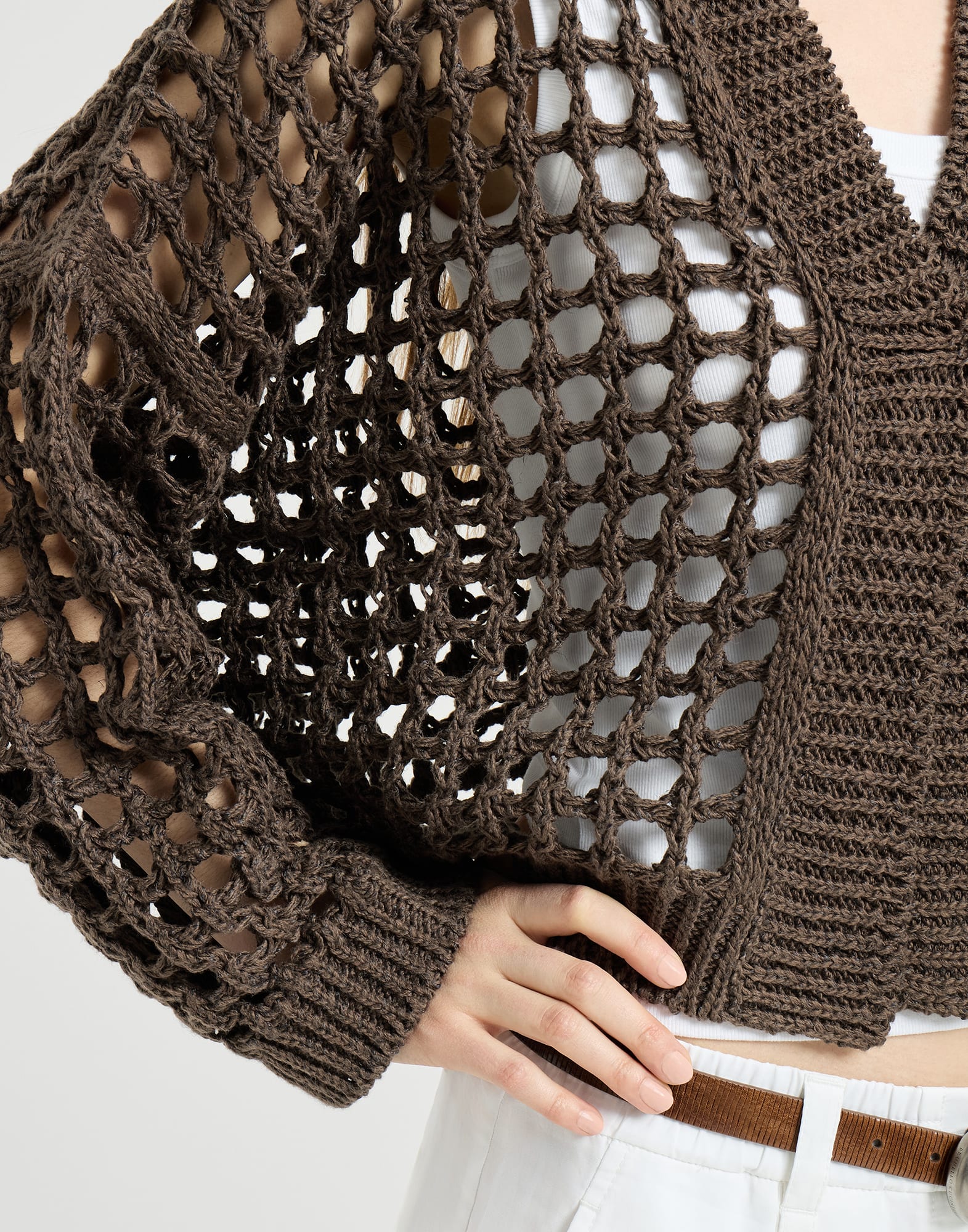 Jute and cotton net cardigan for Woman in Chocolate | Brunello