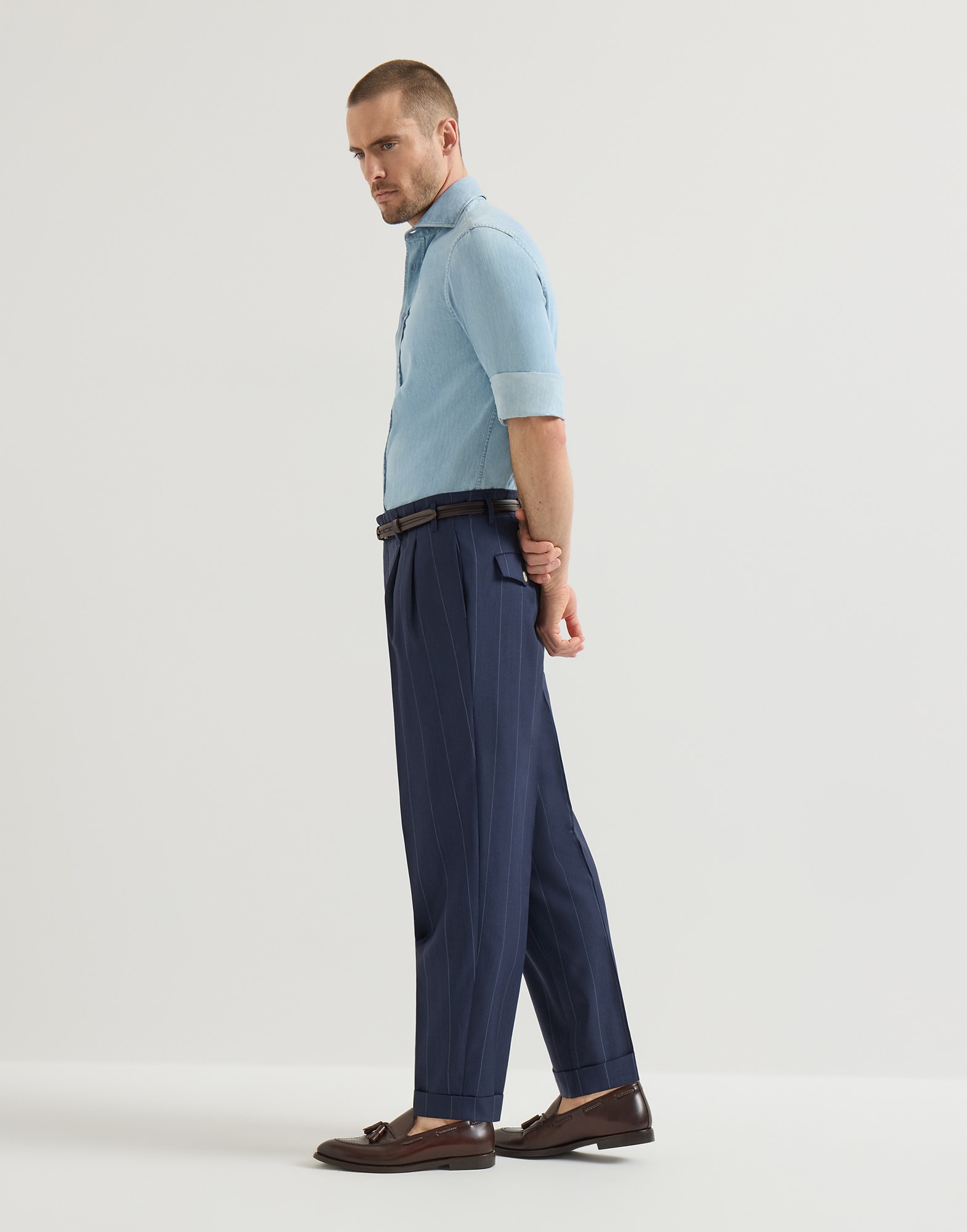 Chalk stripe trousers for Man in Medium Grey | Brunello Cucinelli