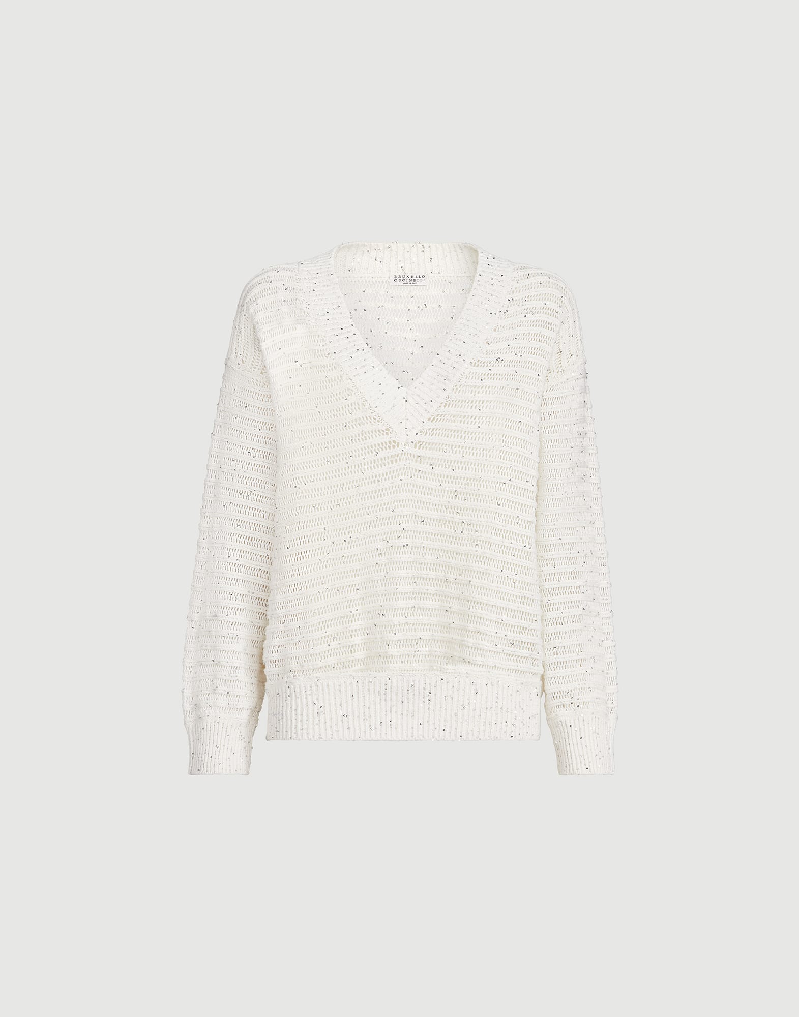 Sweater with openwork stripes for Woman in White | Brunello Cucinelli