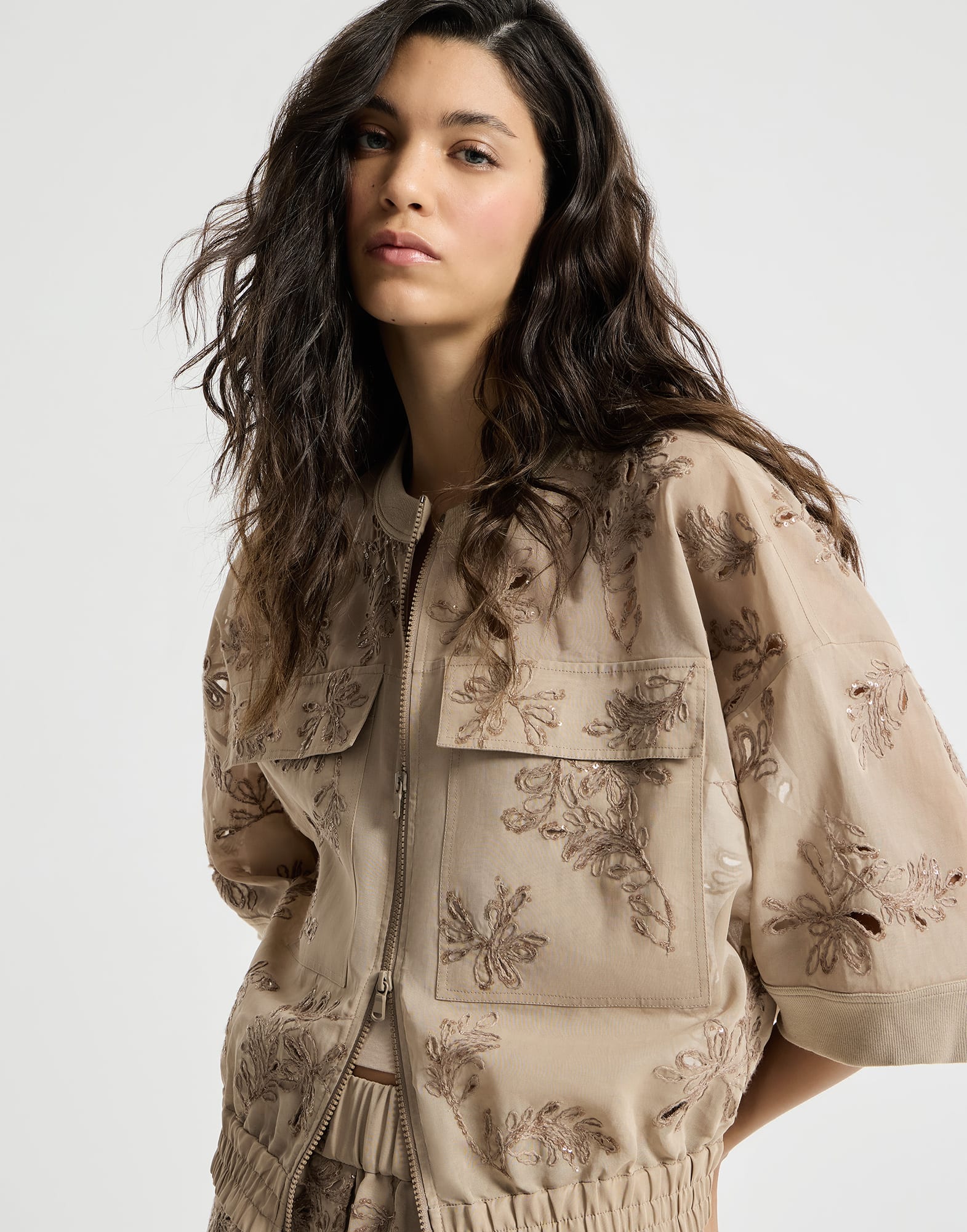 Outerwear with dazzling broderie anglaise for Woman in Cappuccino