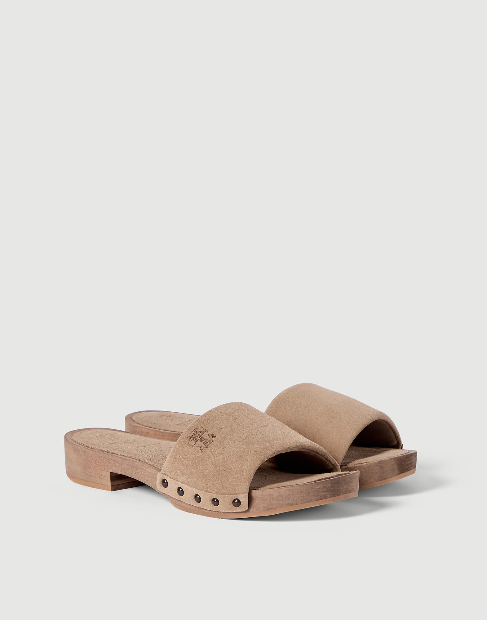 Sandalias slide de piel de ante Marr&oacute;n Claro Mujer - Brunello Cucinelli