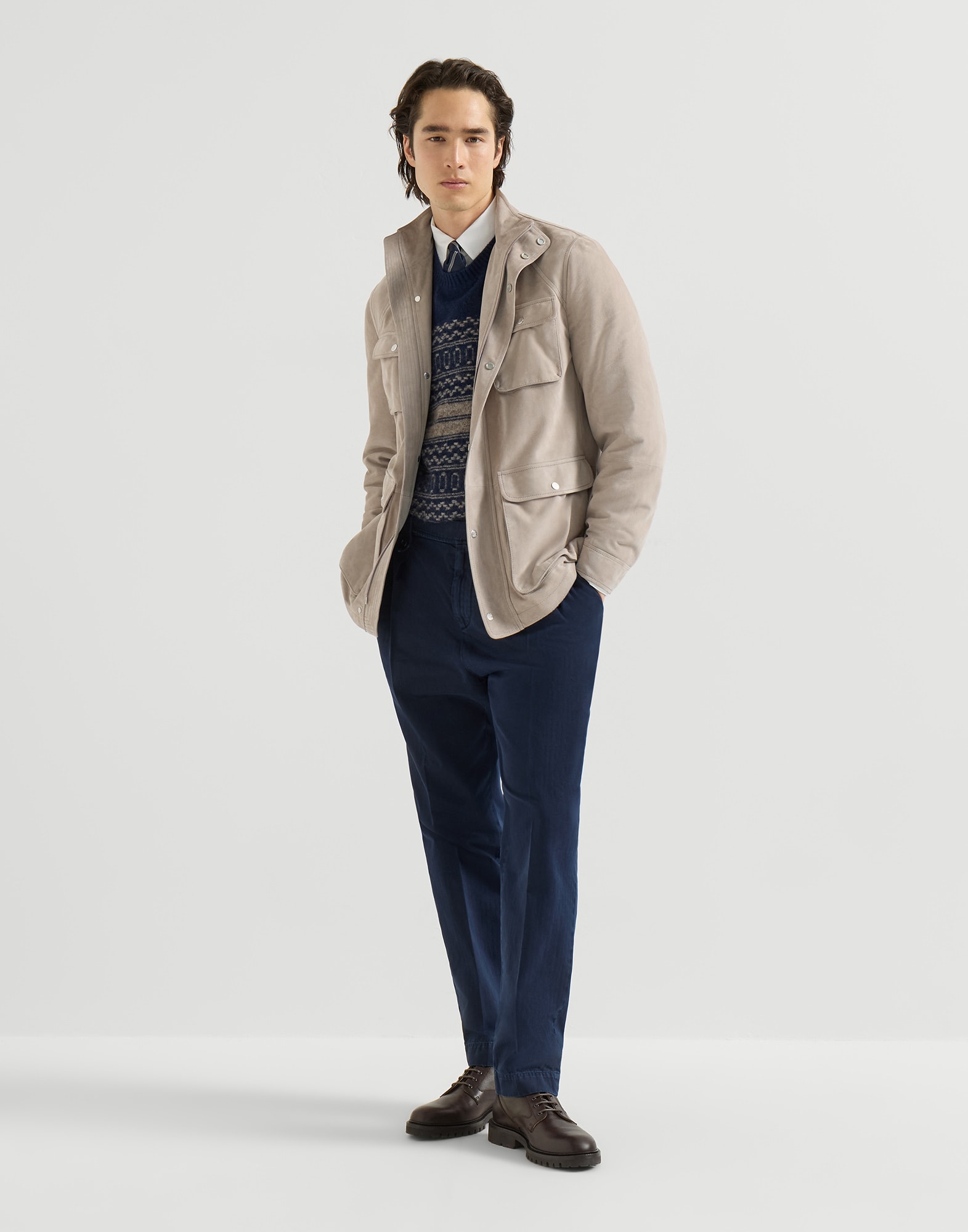 Suede unlined safari jacket for Man in White | Brunello Cucinelli