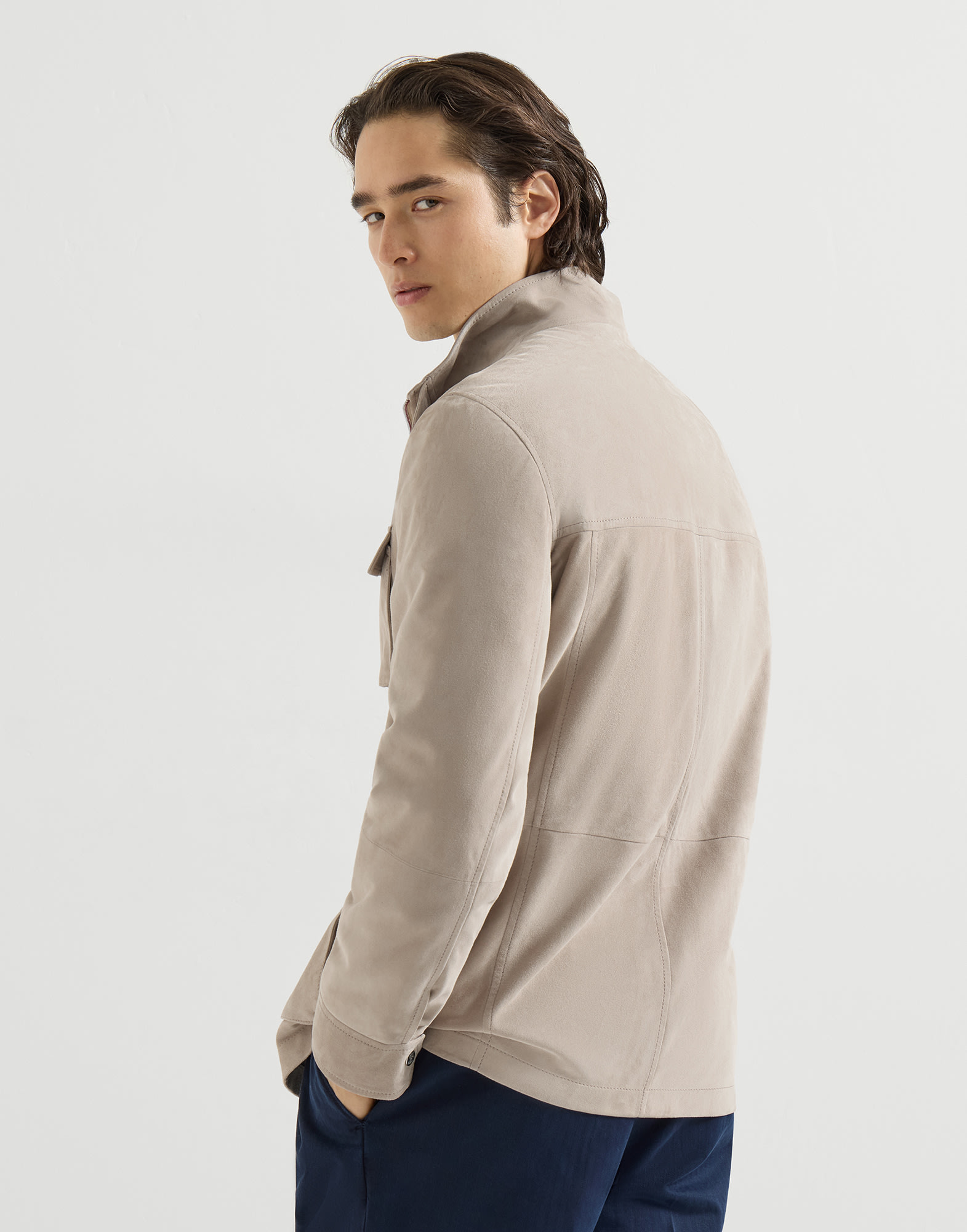 Suede unlined safari jacket for Man in White | Brunello Cucinelli