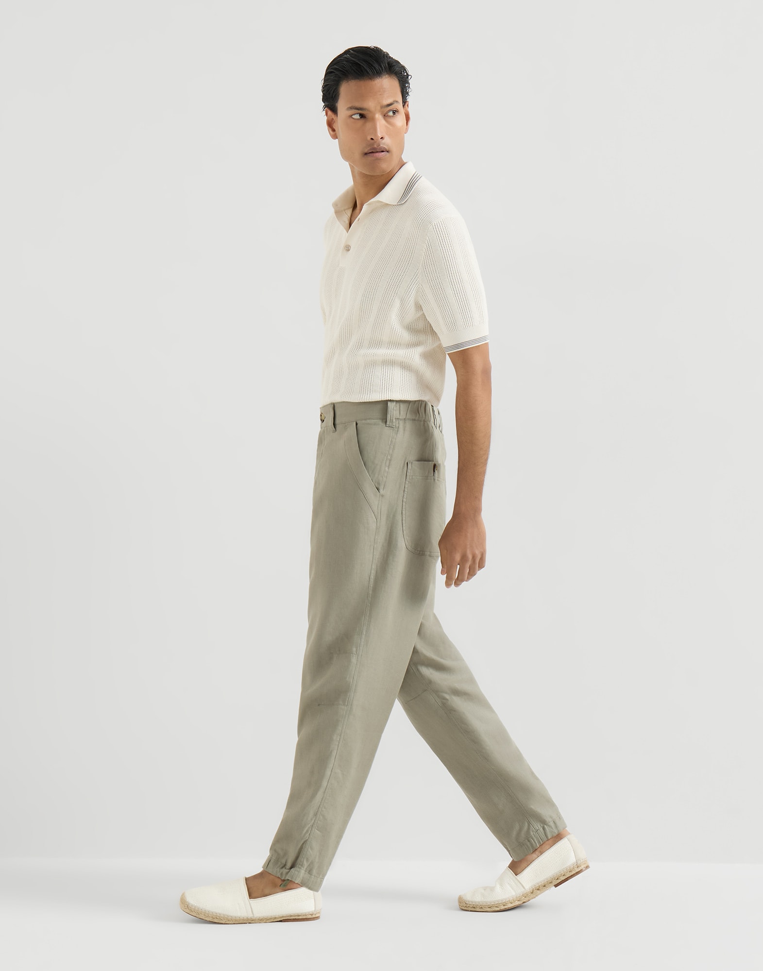 Linen trousers with drawstring for Man in Sage | Brunello Cucinelli