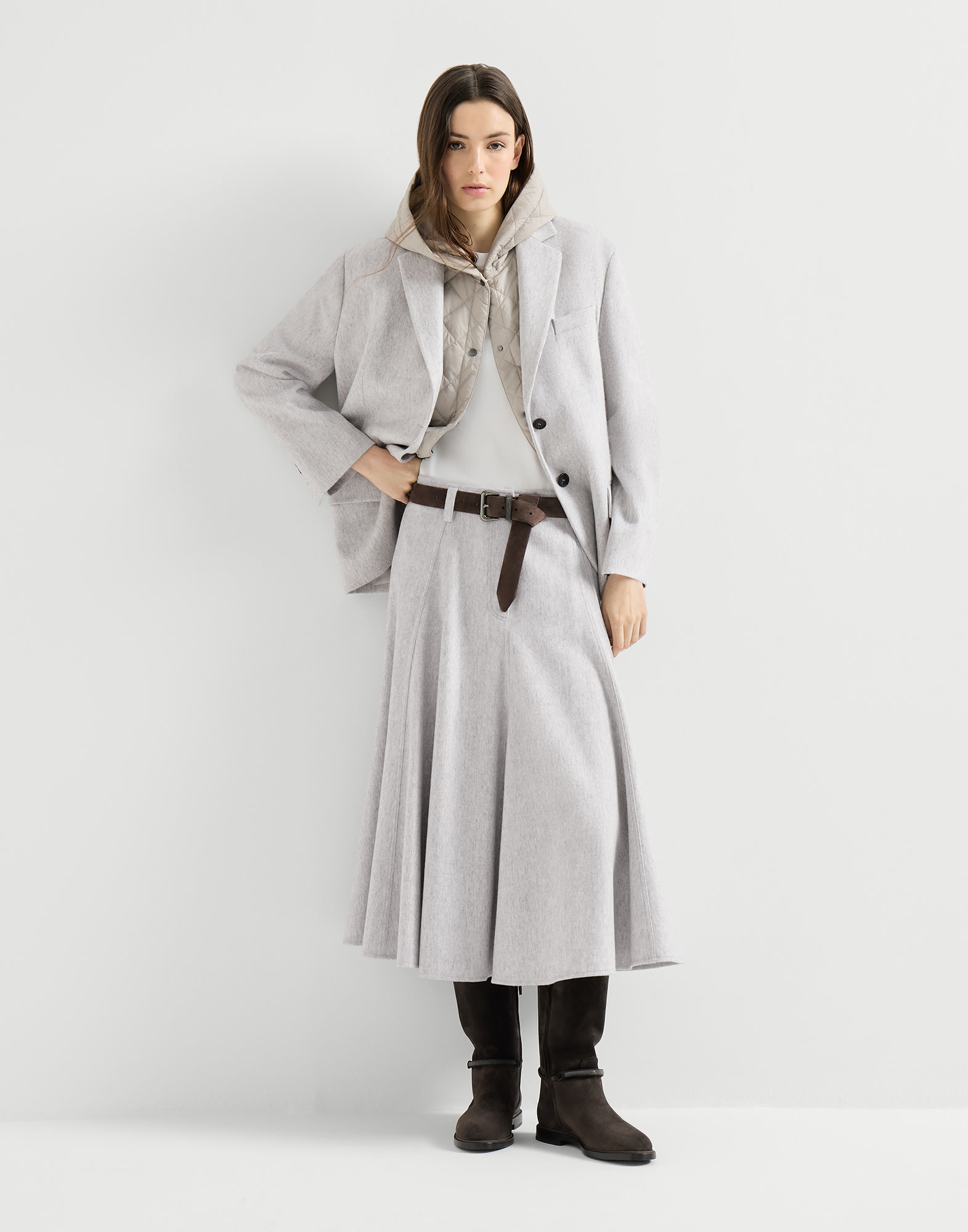 BRUNELLO CUCINELLI レギンス スカート付き グレー レディース Flannel flared skirt for Woman in Grey | Brunello Cucinelli
