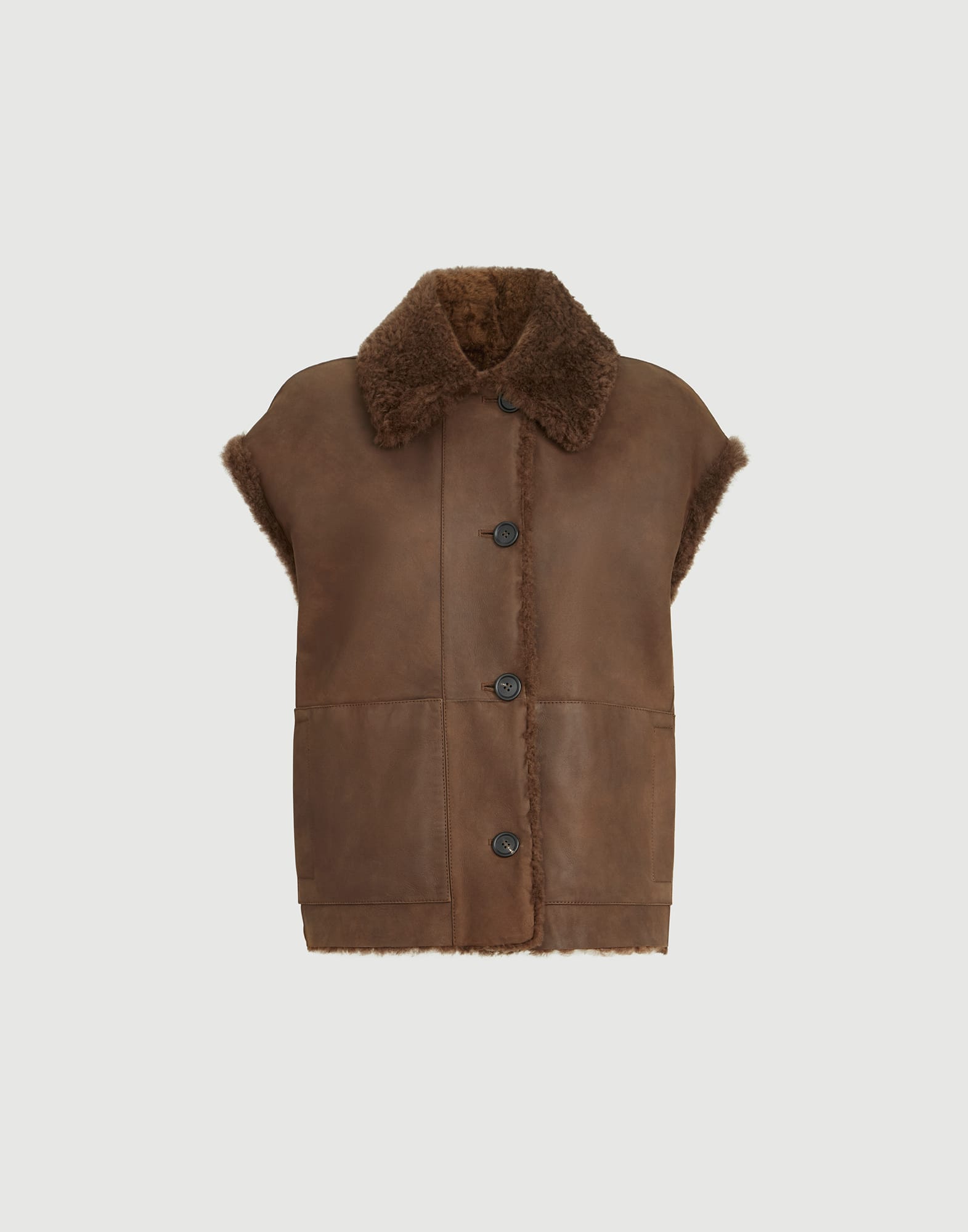 Shearling reversible vest for Woman in Chocolate | Brunello Cucinelli