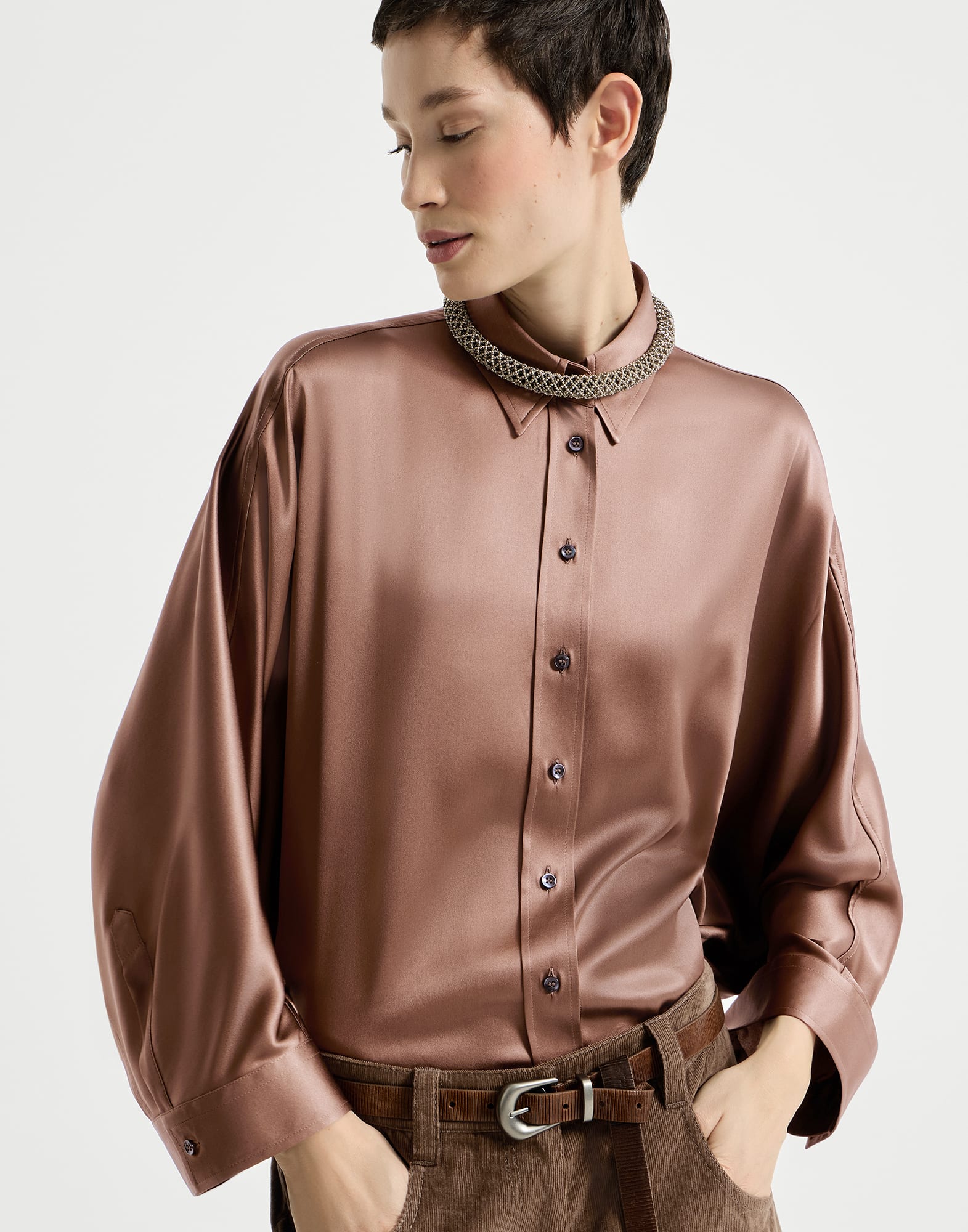 Stretch silk satin shirt for Woman in Dattero | Brunello Cucinelli
