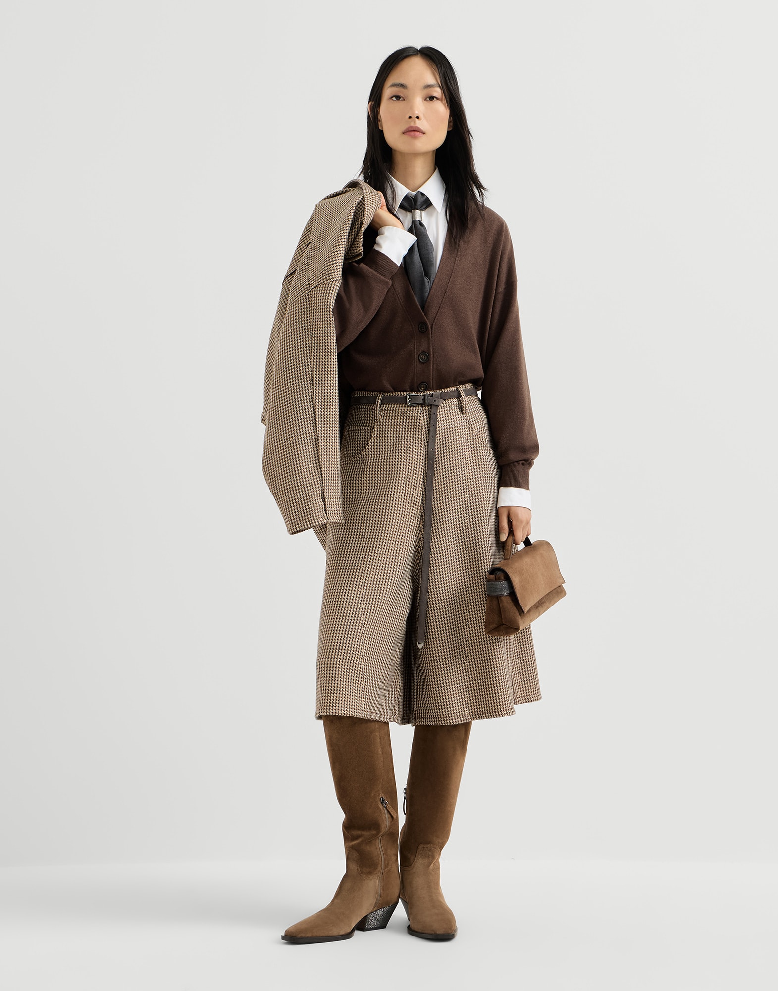 Cashmere cardigan with monili for Woman in Pine Cone Brown