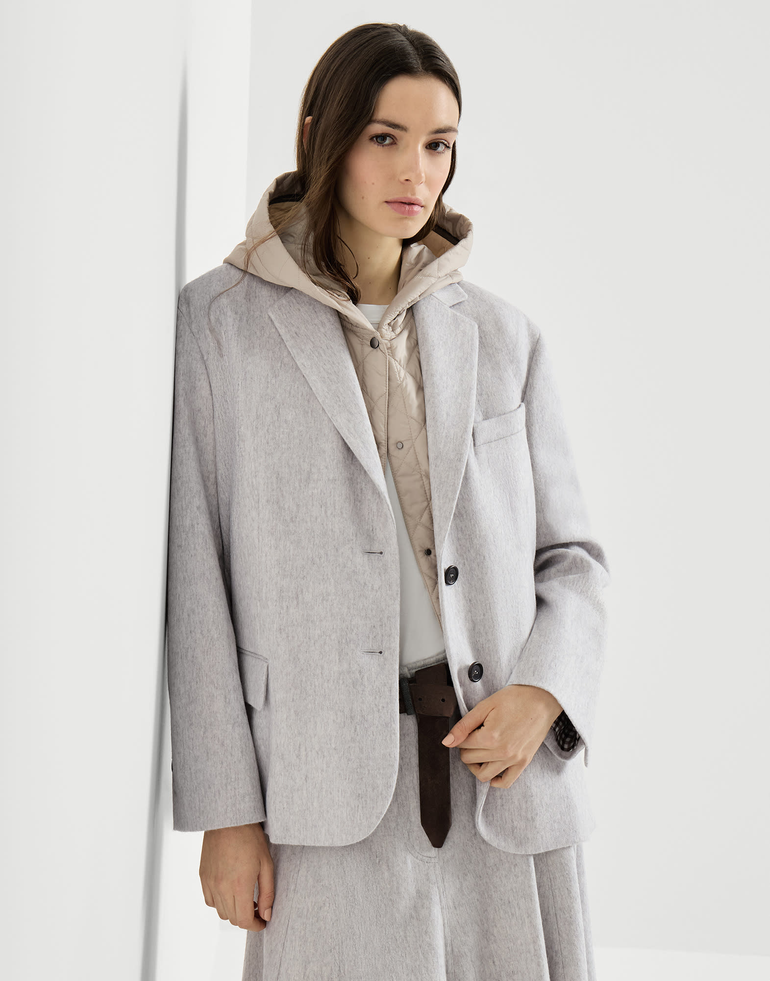 Flannel blazer with monili for Woman in Grey | Brunello Cucinelli