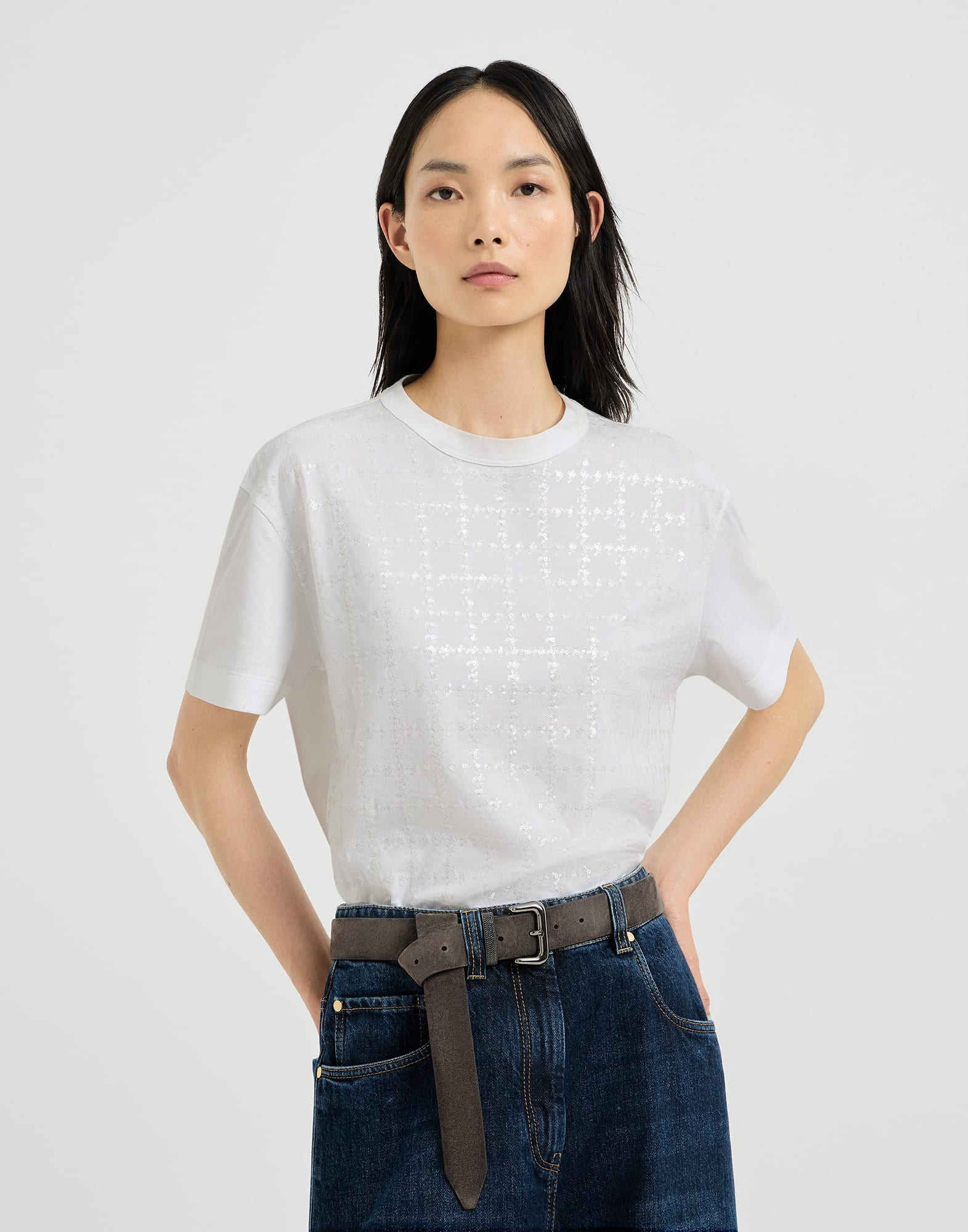 Dazzling windowpane embroidery T-shirt for Woman in White