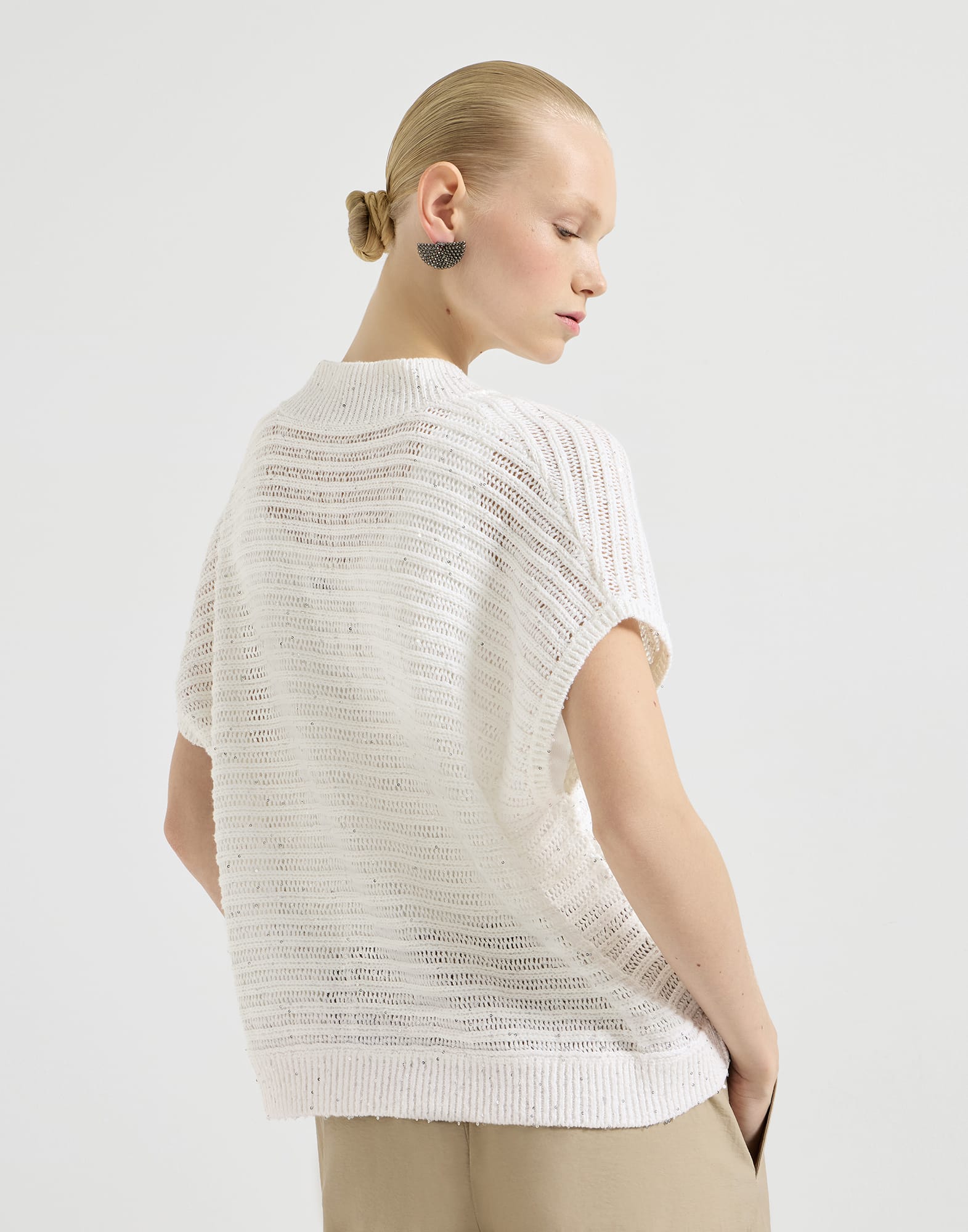 Cardigan with openwork stripes for Woman in White | Brunello Cucinelli