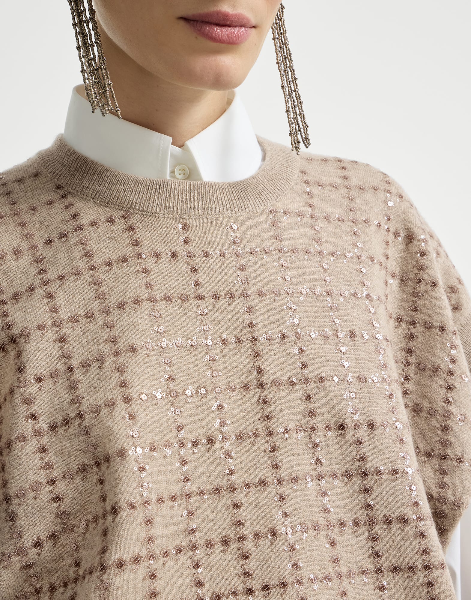 Knit with dazzling windowpane embroidery for Woman in Beige