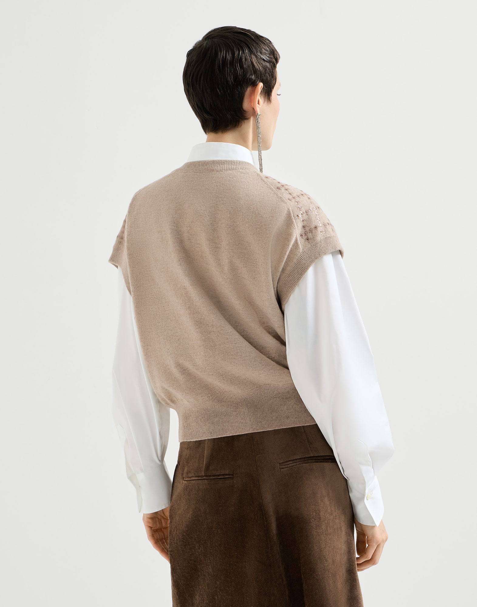 Knit with dazzling windowpane embroidery for Woman in Beige