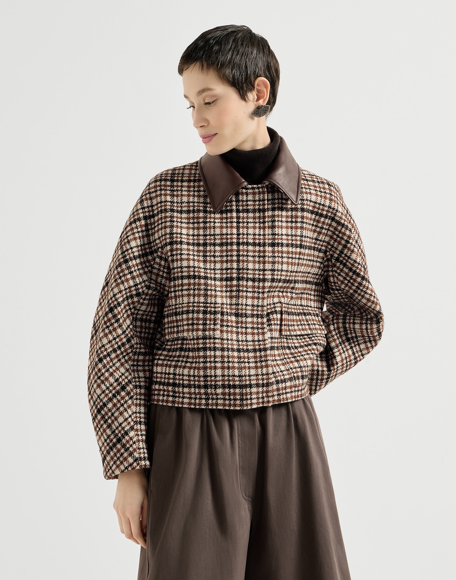 Chaqueta a cuadros con cuello en piel Marr&oacute;n Mujer - Brunello Cucinelli