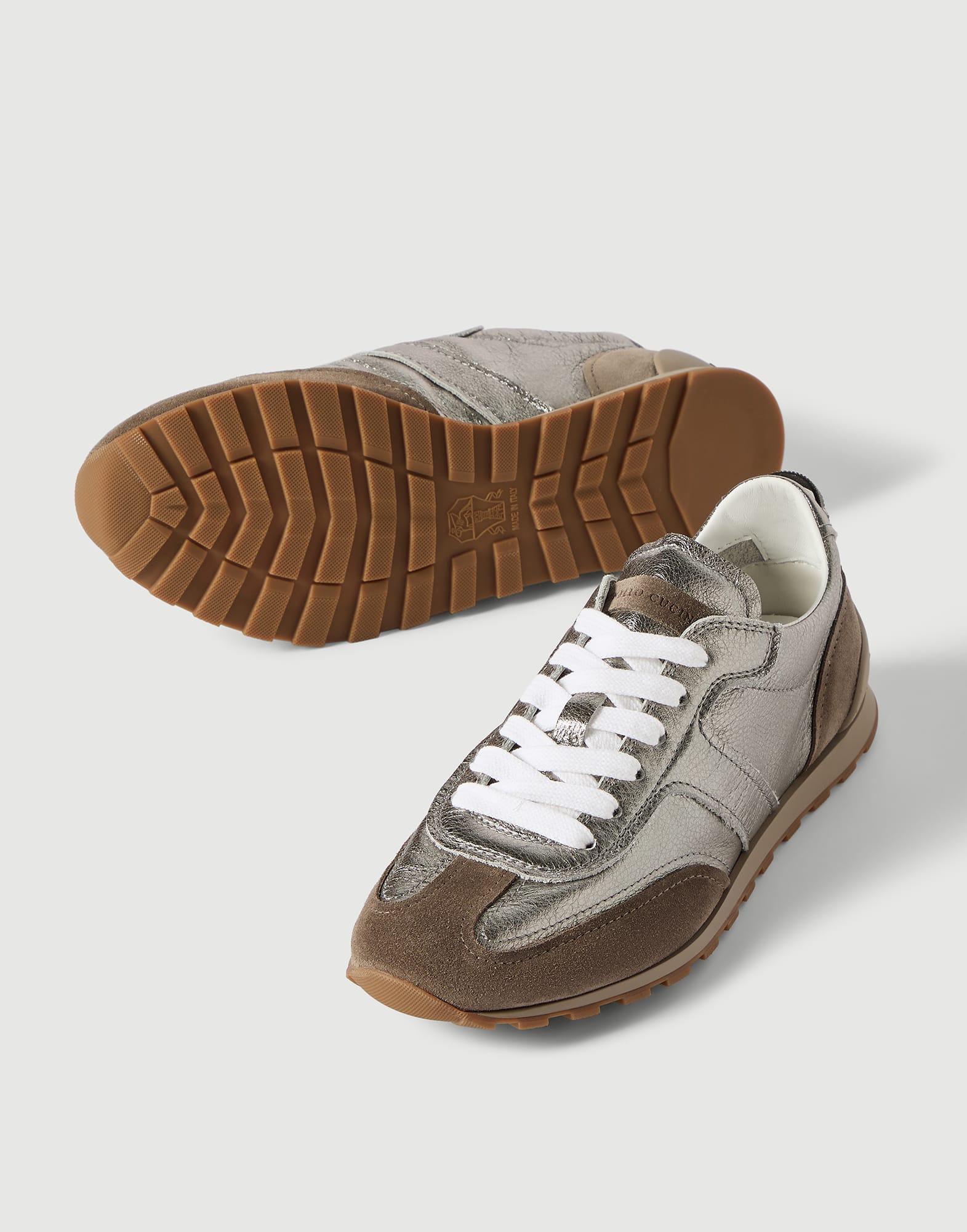 Lamé calfskin and suede runners for Woman in Silver | Brunello