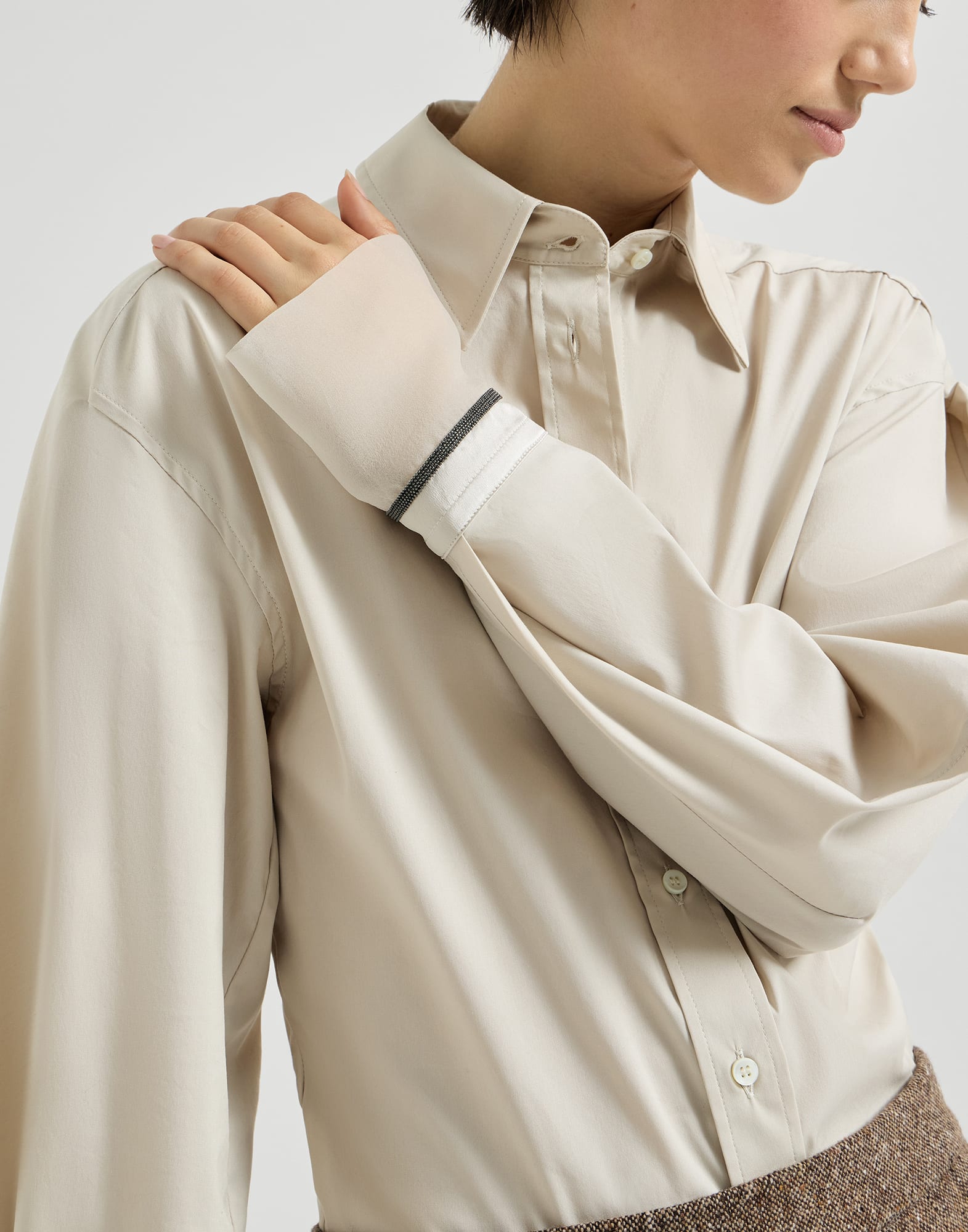 Poplin shirt with silk cuffs for Woman in Ivory | Brunello Cucinelli