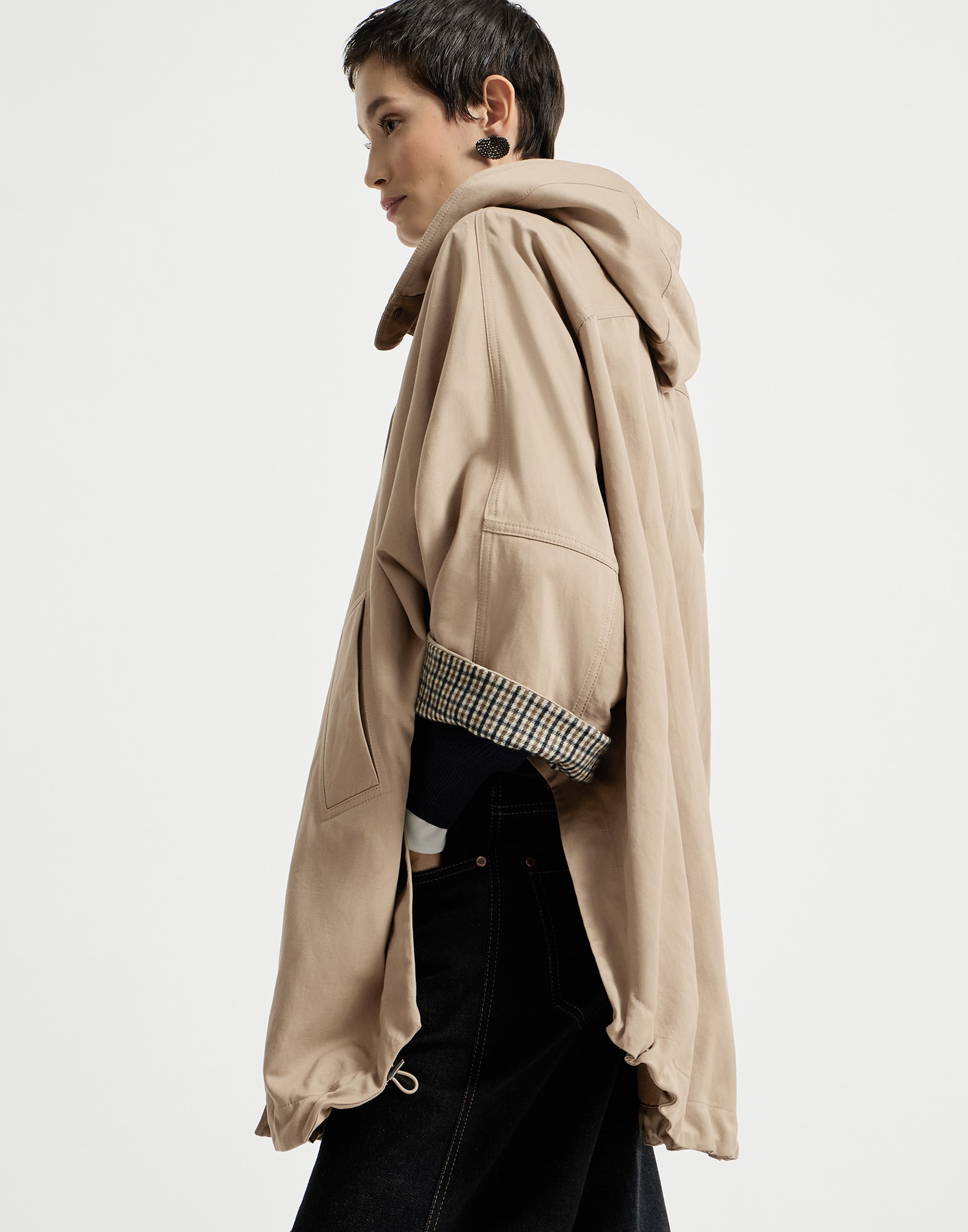 Hooded outerwear jacket with monili for Woman in Camel | Brunello