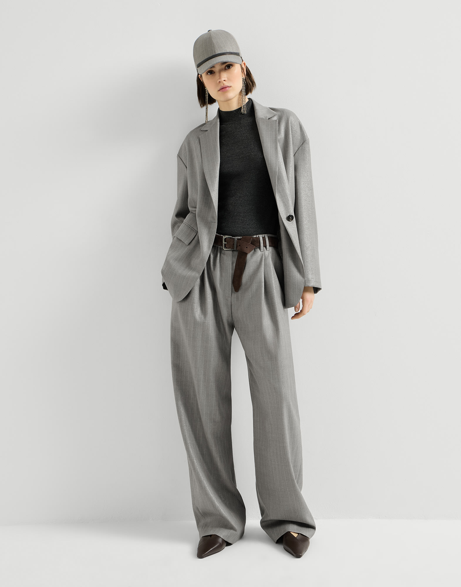 Sparkling pinstripe track trousers for Woman in Silver | Brunello