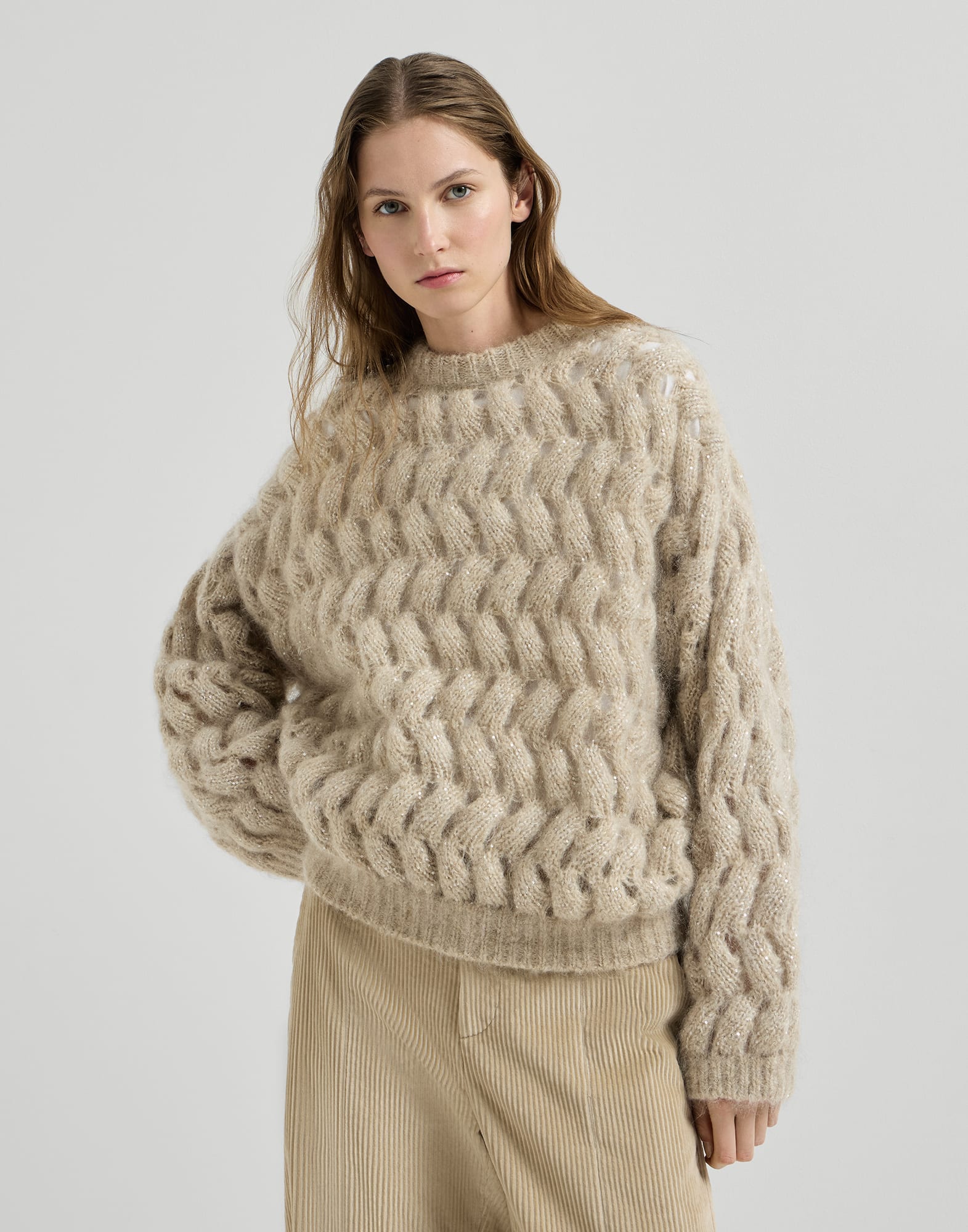 BRUNELLO CUCINELLI☆ニットベスト☆ Dazzling ZigZag Cables Jersey for Woman in Sand | Brunello Cucinelli