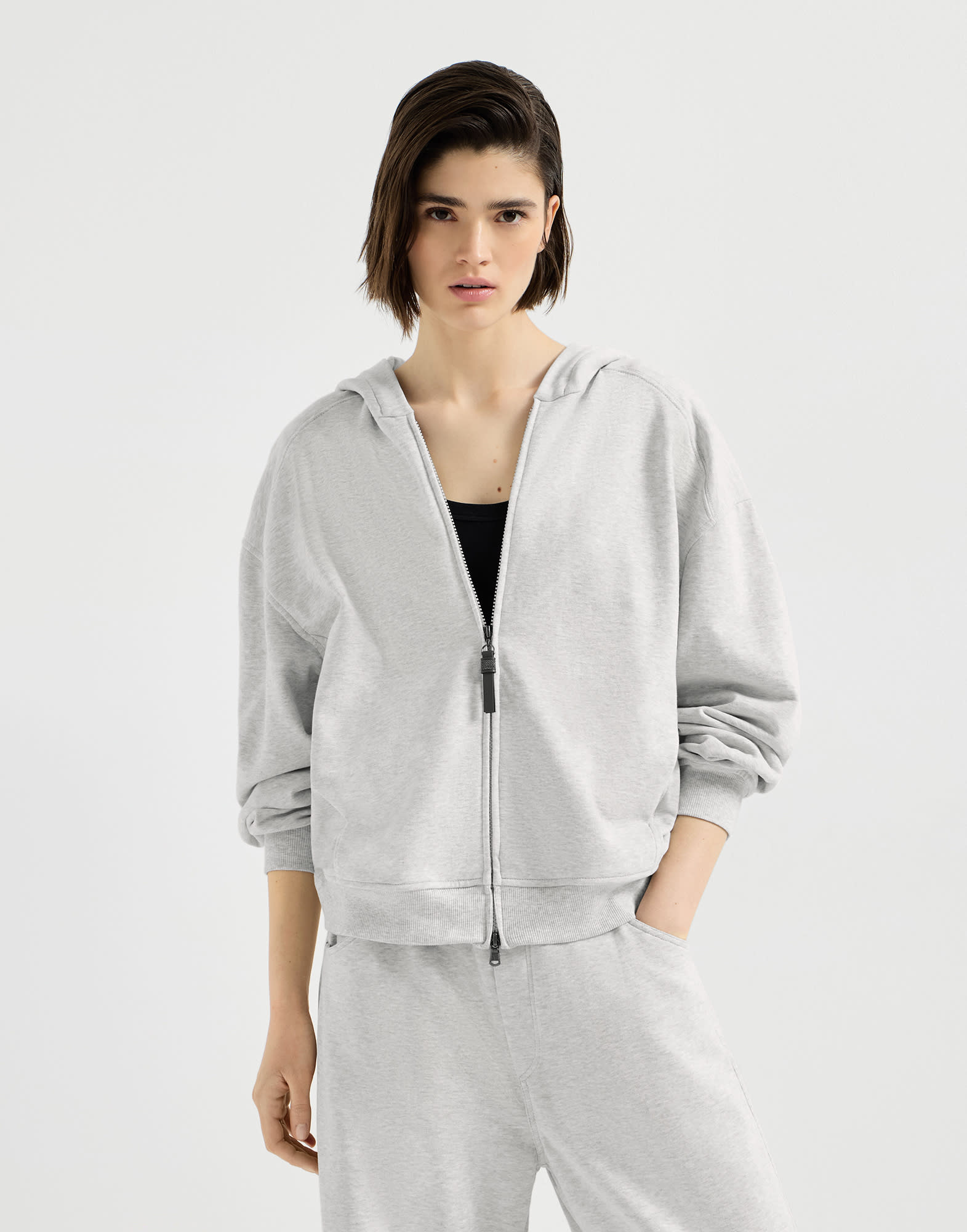 Smooth cotton French terry sweatshirt Silver Woman - Brunello Cucinelli