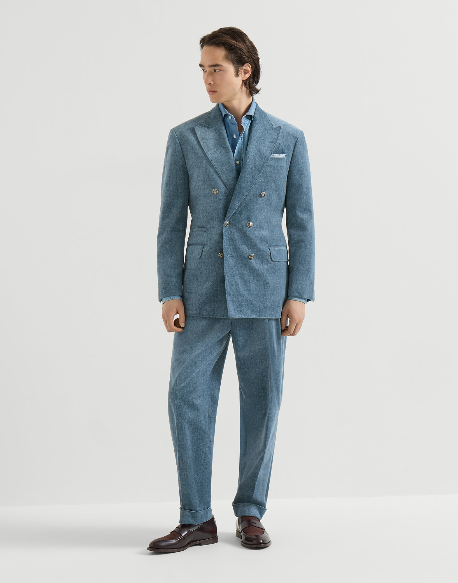 Denim-effect velvet Tailor suit Cerulean Man - Brunello Cucinelli