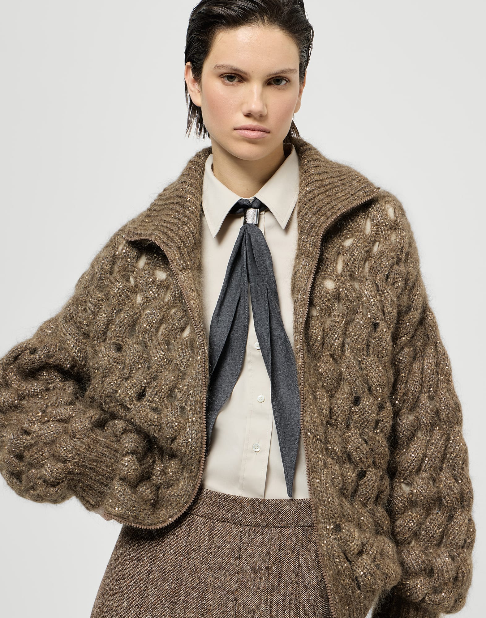Dazzling Zigzag Cables cardigan for Woman in Bark | Brunello Cucinelli