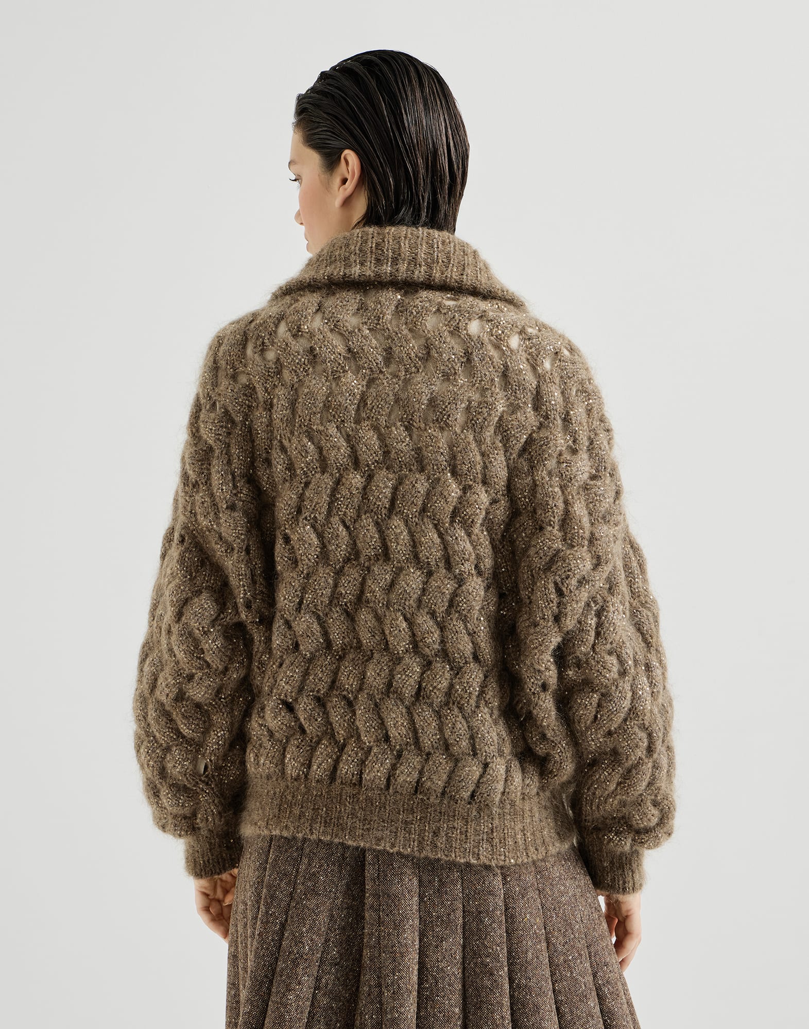 Cardigan Dazzling ZigZag Cables for Woman in Bark | Brunello Cucinelli