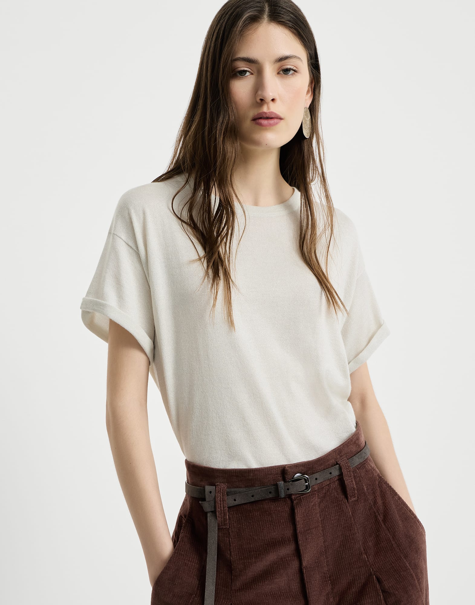 Lightweight knit T-shirt for Woman in Light Grey | Brunello Cucinelli