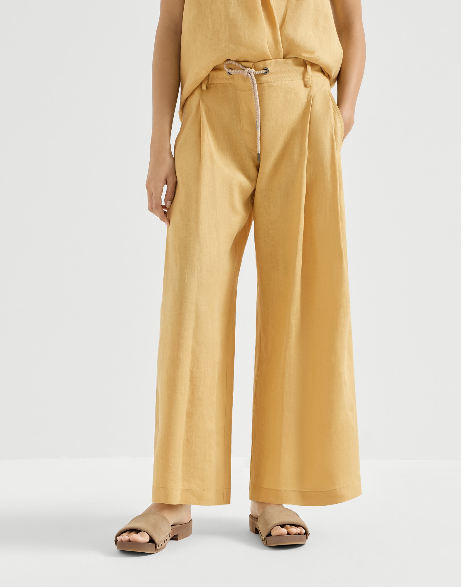 Pantal&oacute;n de lino con cord&oacute;n Zabaione Mujer - Brunello Cucinelli