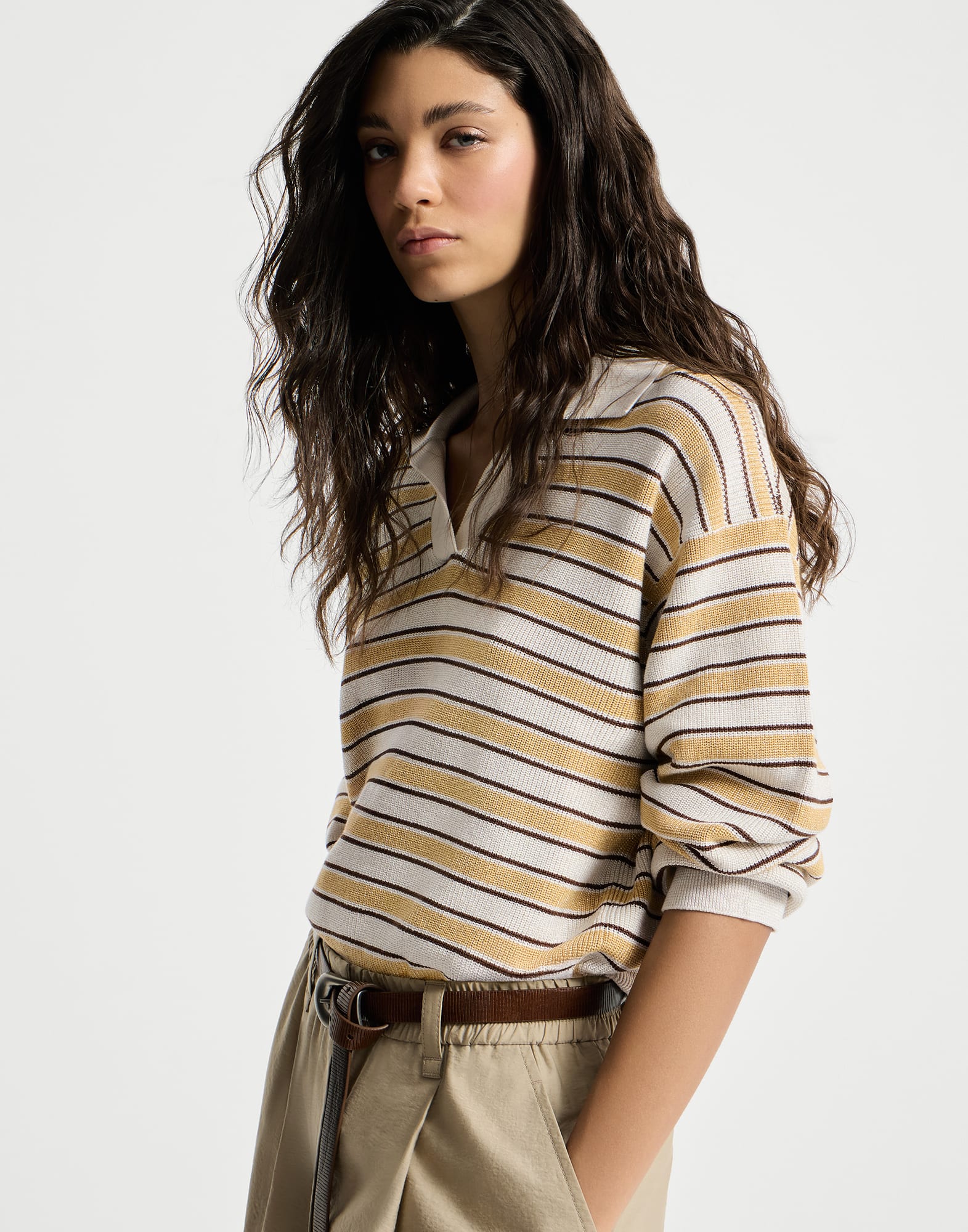 Knit polo with sparkling stripes for Woman in Zabaione Yellow