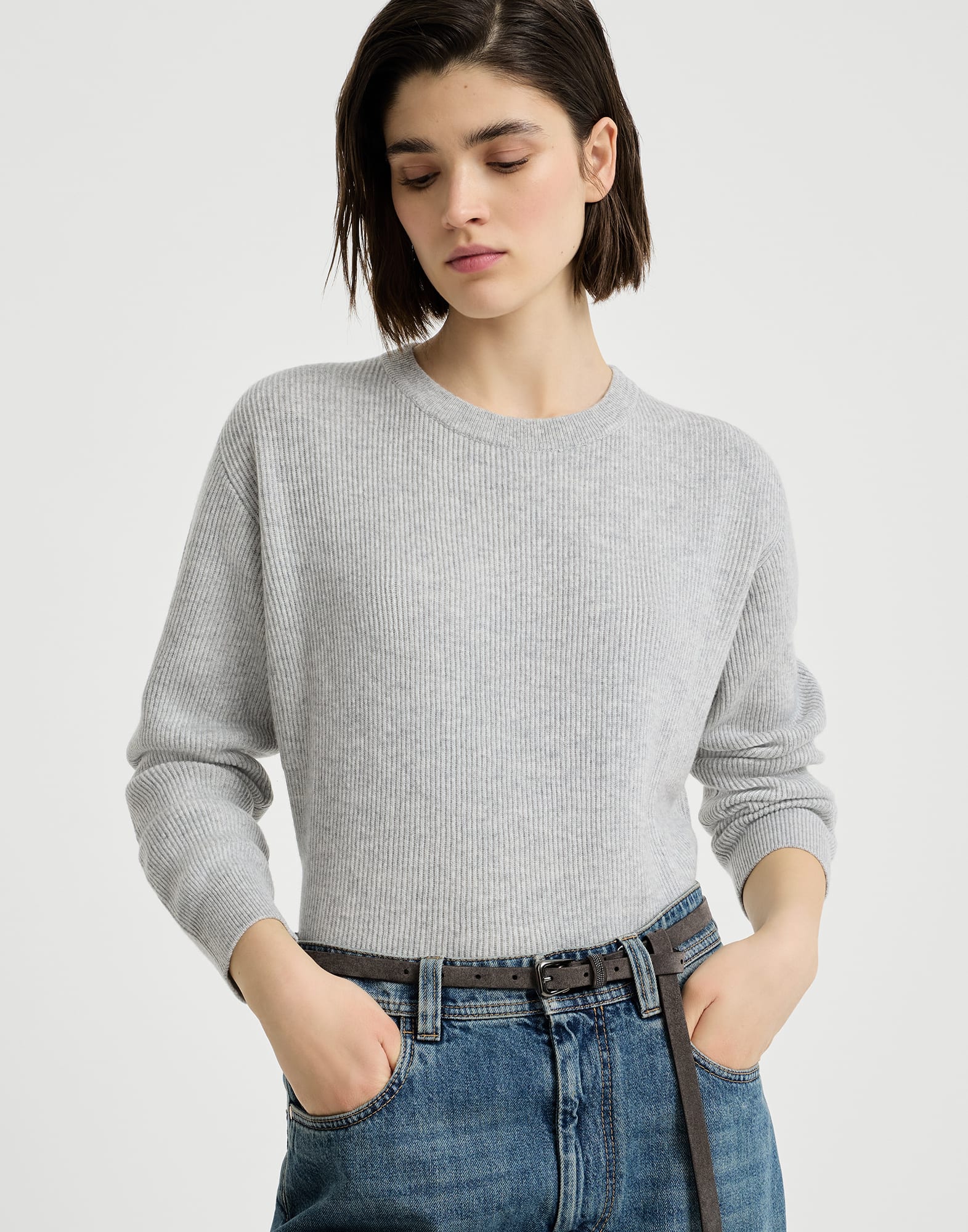 English rib cashmere sweater for Woman in White | Brunello Cucinelli