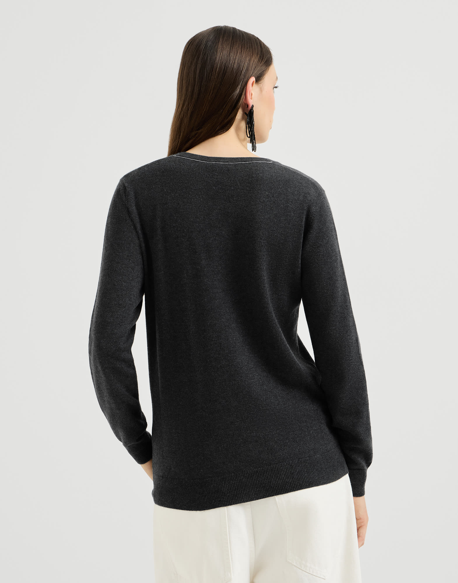 Cashmere sweater with monili for Woman in Lignite Grey | Brunello