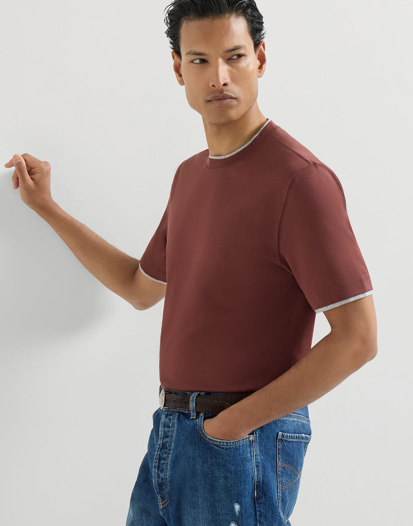T-shirt with faux-layering for Man in Grey | Brunello Cucinelli