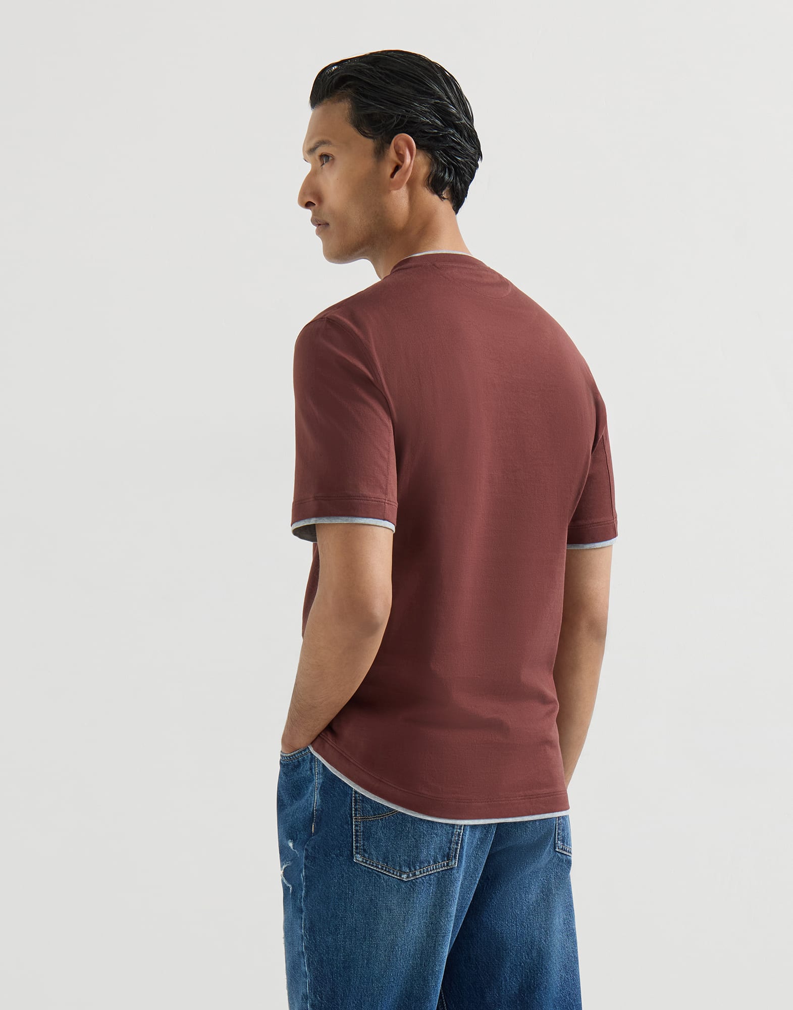 T-shirt with faux-layering for Man in Grey | Brunello Cucinelli
